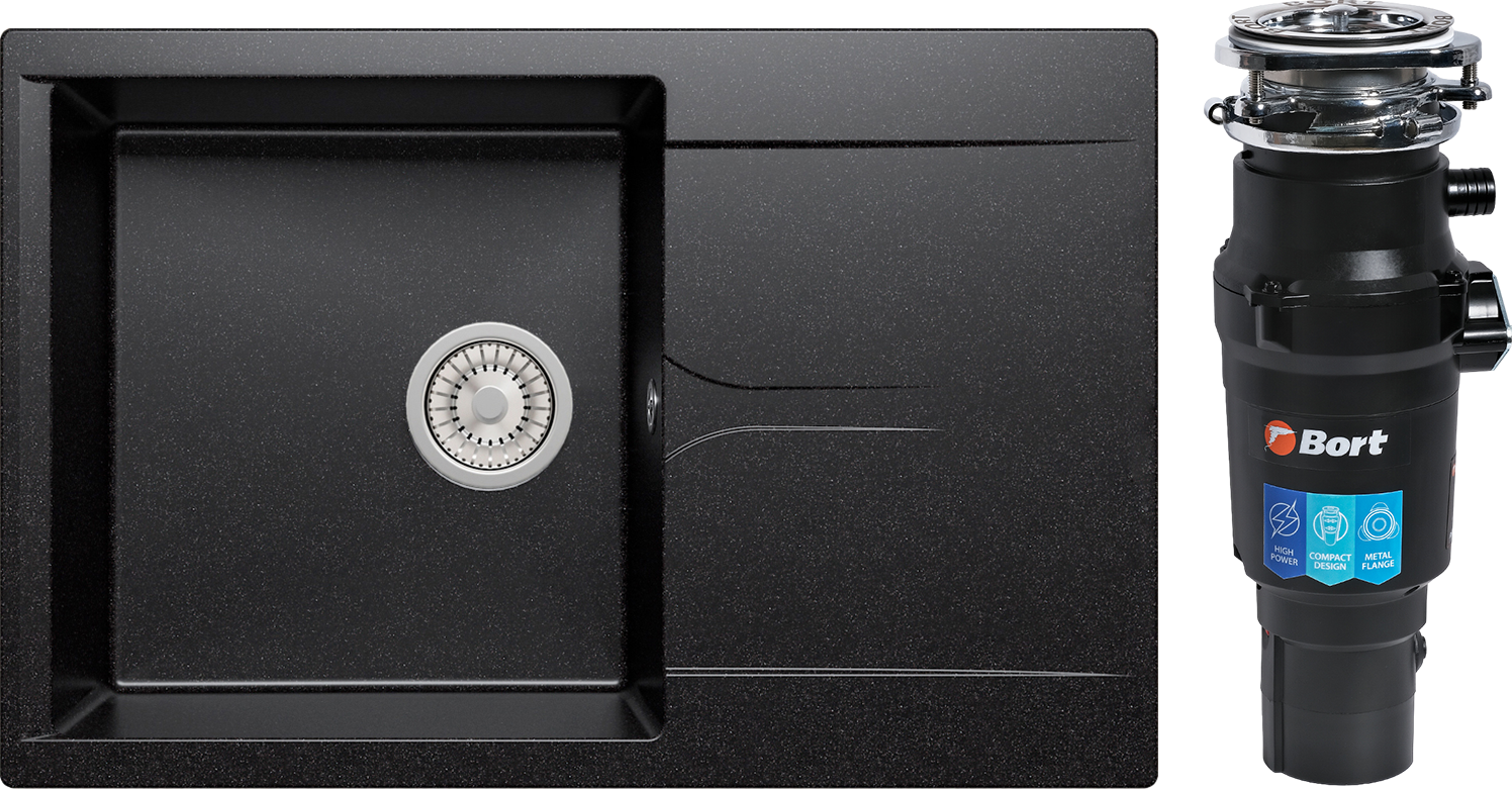 Комплект Мойка Polygran Gals 760, черная + Измельчитель Bort Titan 7000