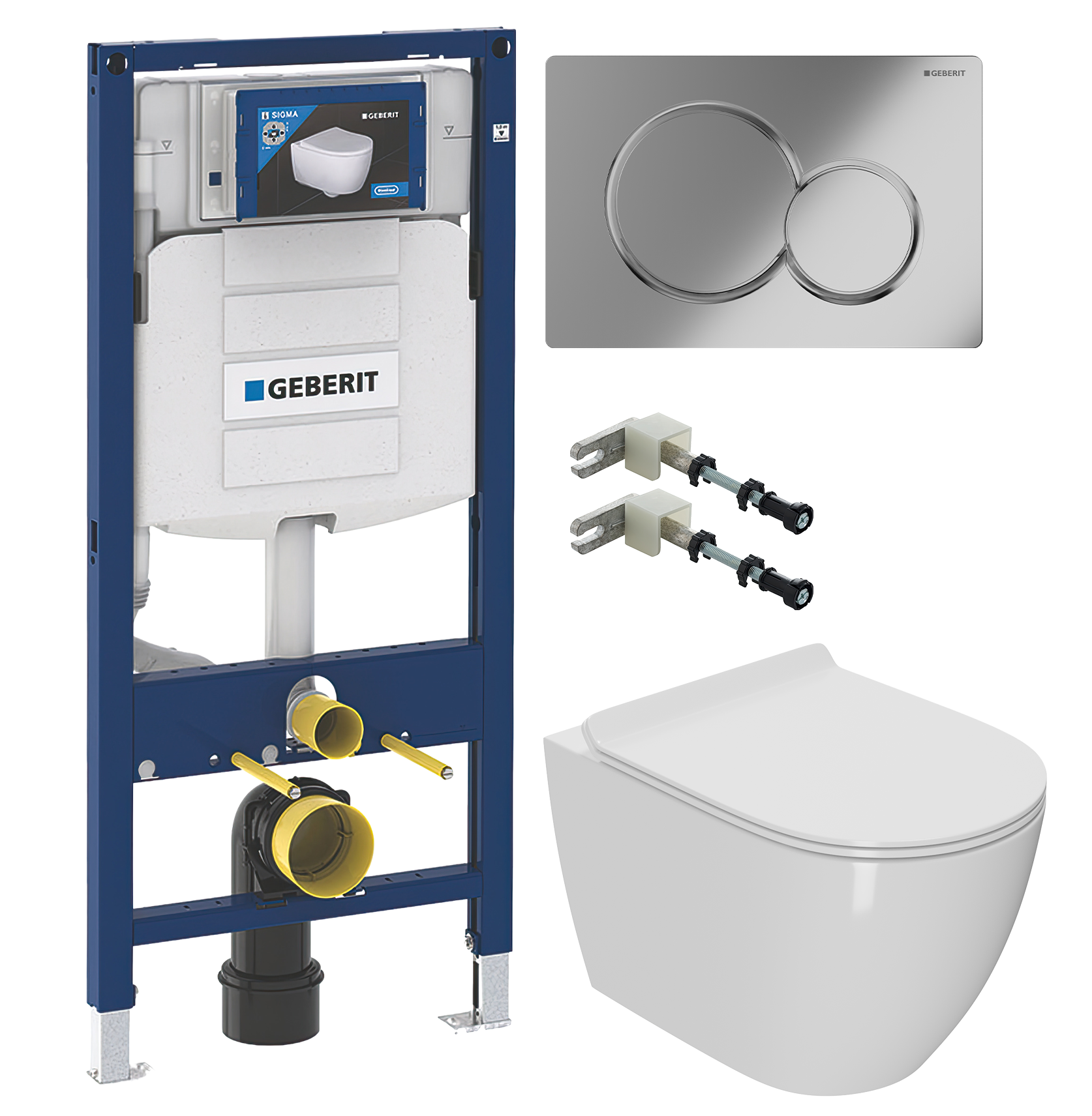 Комплект 4 в 1 Унитаз подвесной Bauedge Bau Ceramics + Инсталляция Geberit Duofix UP 320 111.300.00.5 (111.950.00.6) + Кнопка Sigma 01 115.770.21.5 цвет глянцевый хром + Крепления 111.815.00.1, к стене
