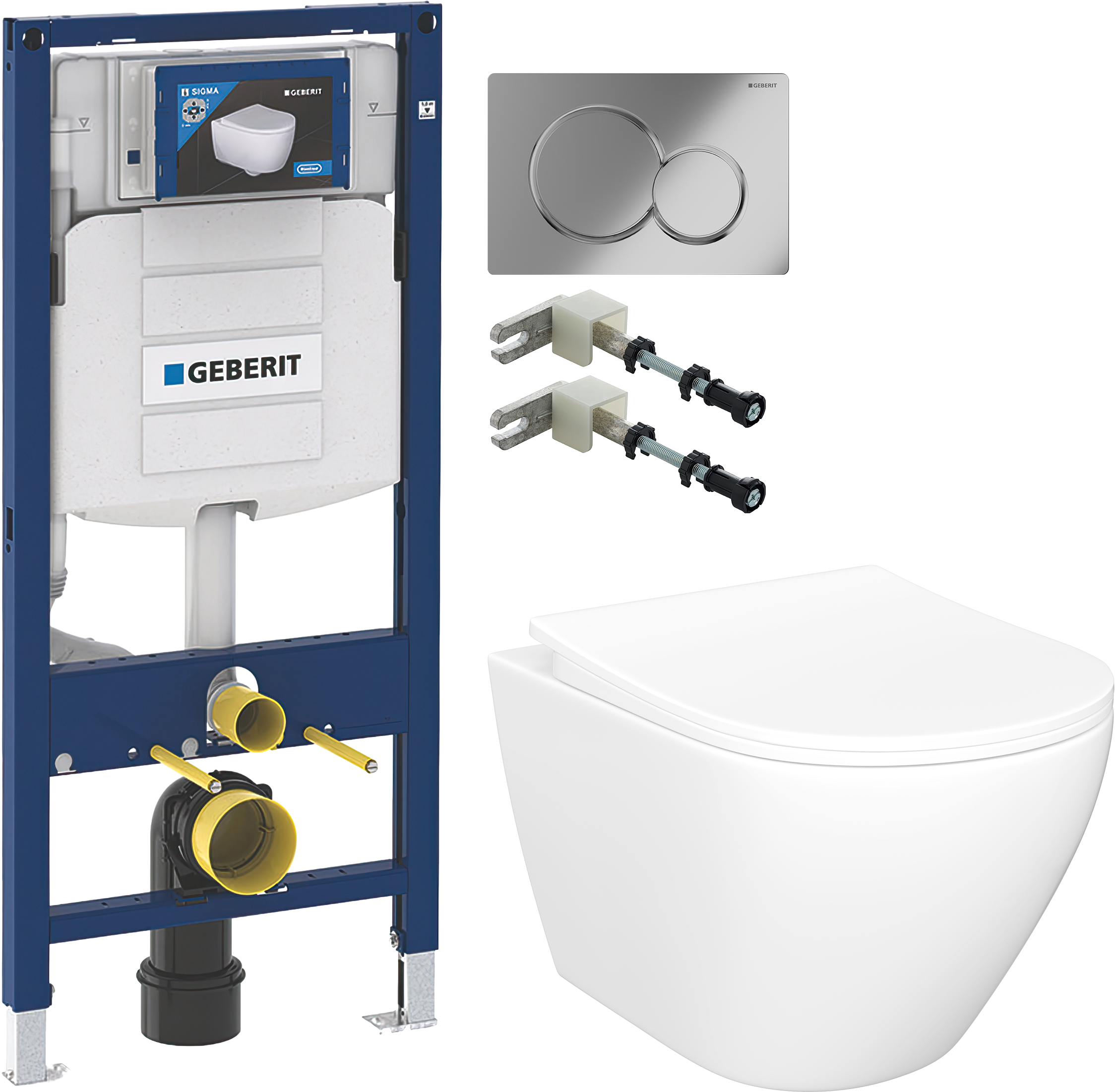 Комплект 5 в 1: Инсталляция Geberit Duofix UP 320 111.300.00.5 + Унитаз подвесной Кронборг S28401WH безободковый + Сиденье с микролифтом + Кнопка Sigma 01 хром + Крепления