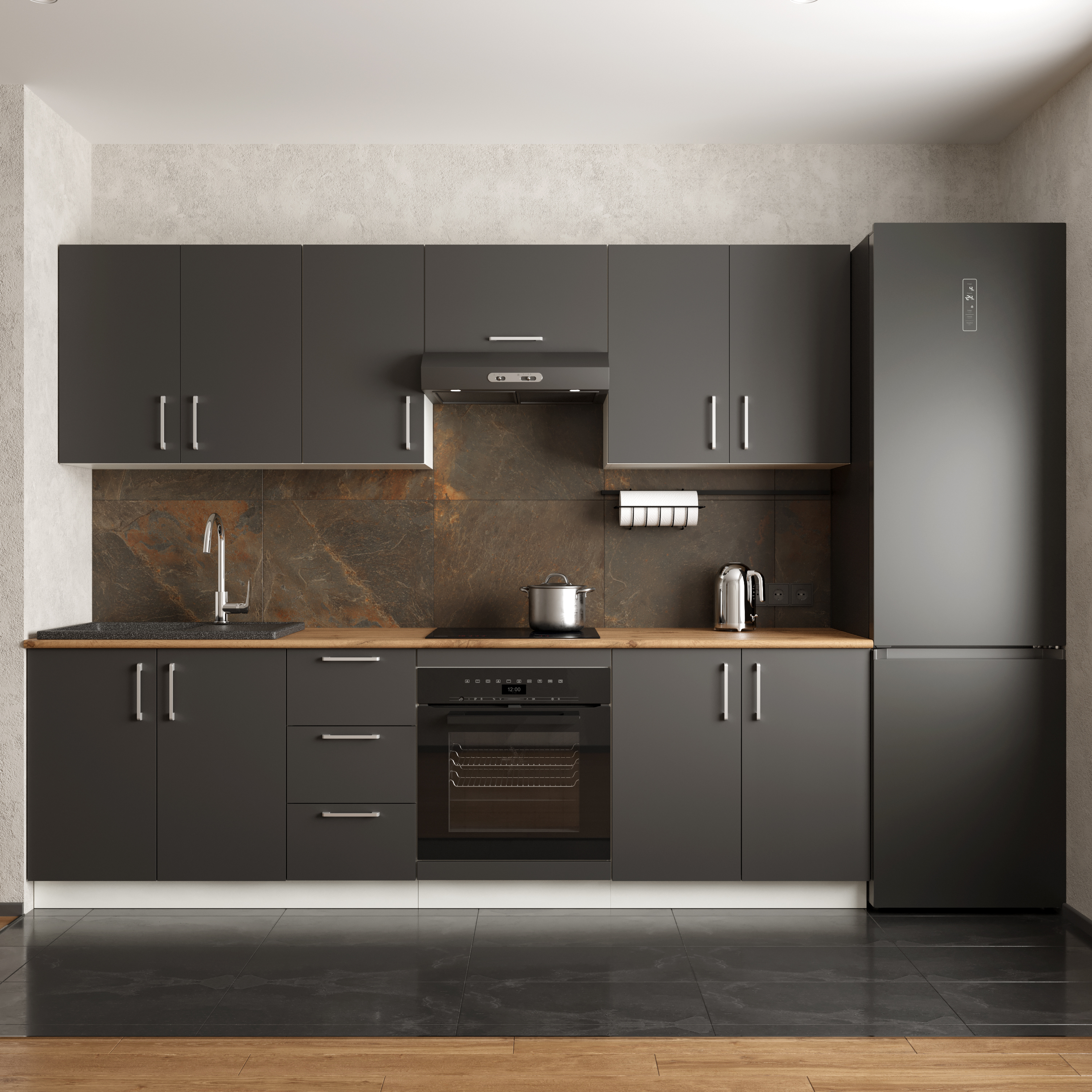 Кухонный гарнитур Domaci Болонья 260 см, фасад графит, ручка хром, столешница дуб вотан KUH-1008809