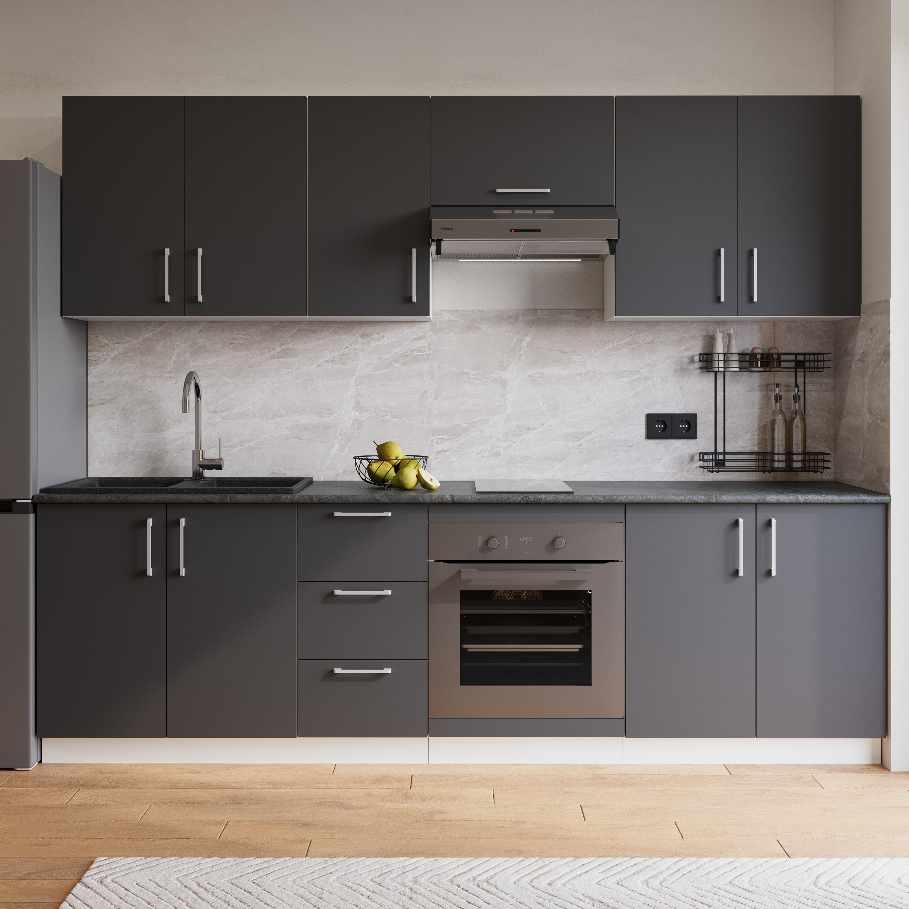 Кухонный гарнитур Domaci Болонья 260 см, фасад графит, ручка хром, столешница луна KUH-1008810