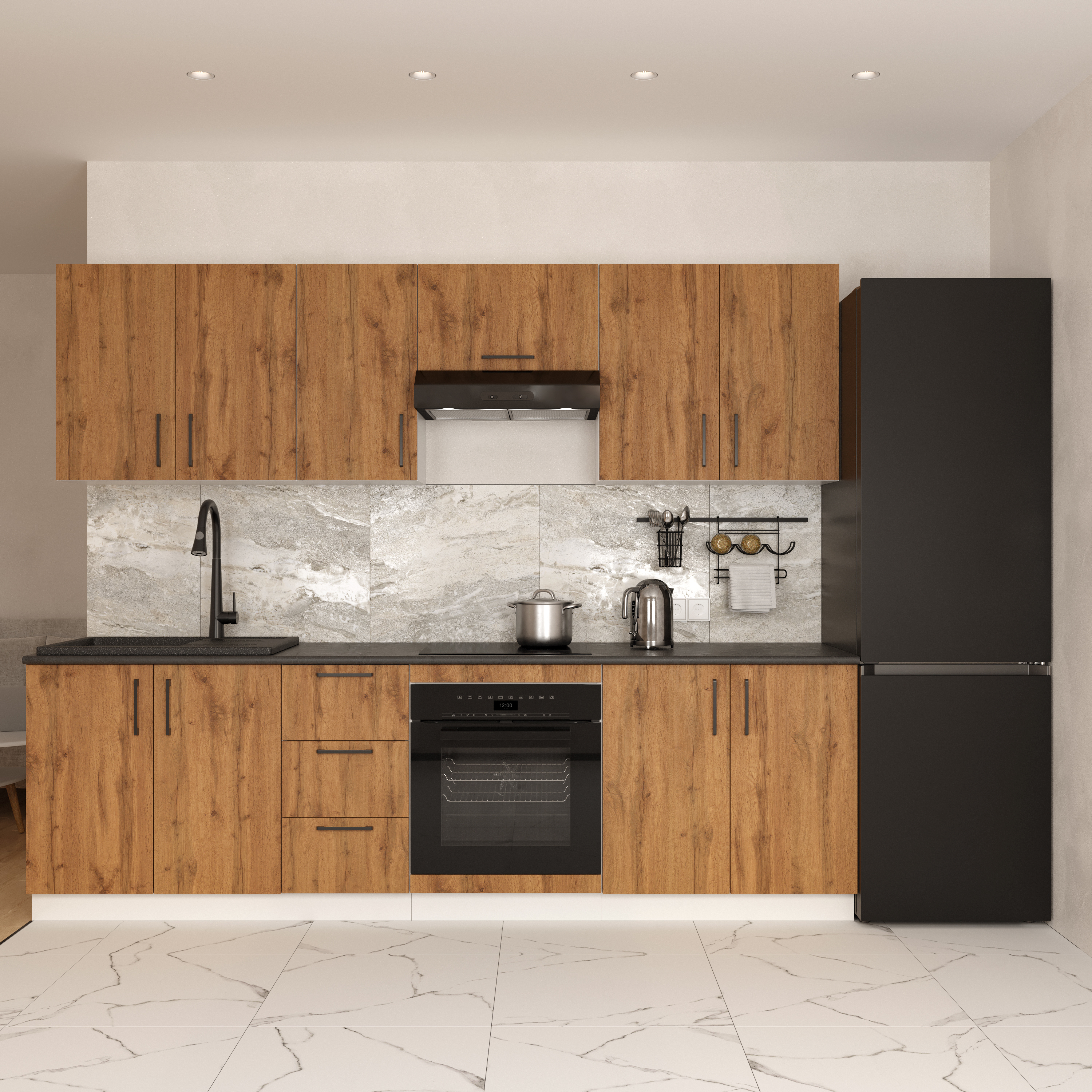 Кухонный гарнитур Domaci Болонья 260 см, фасад дуб вотан, ручка черная, столешница луна KUH-1008811