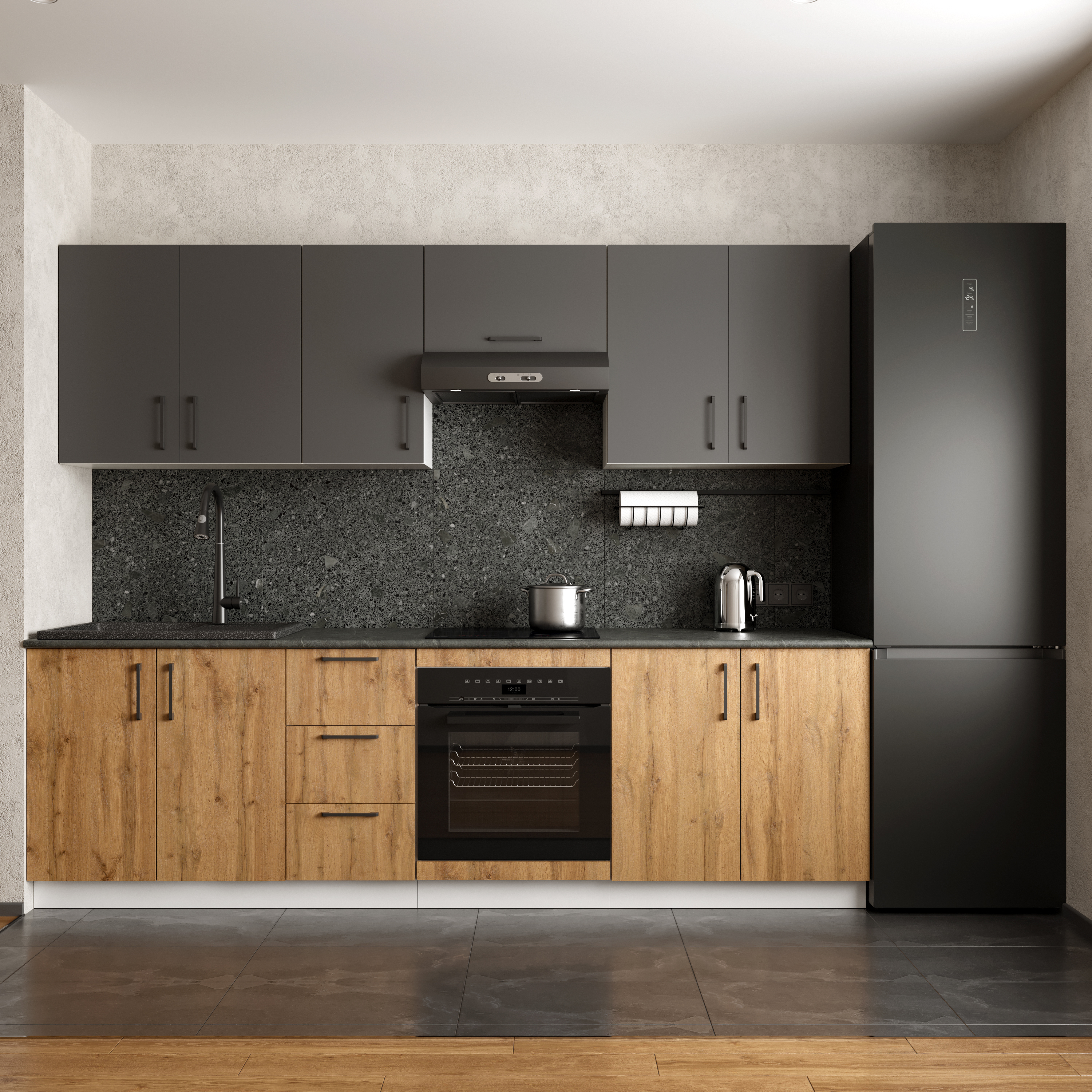 Кухонный гарнитур Domaci Болонья 260 см, фасад дуб вотан, графит, ручка черная, столешница луна KUH-1008814