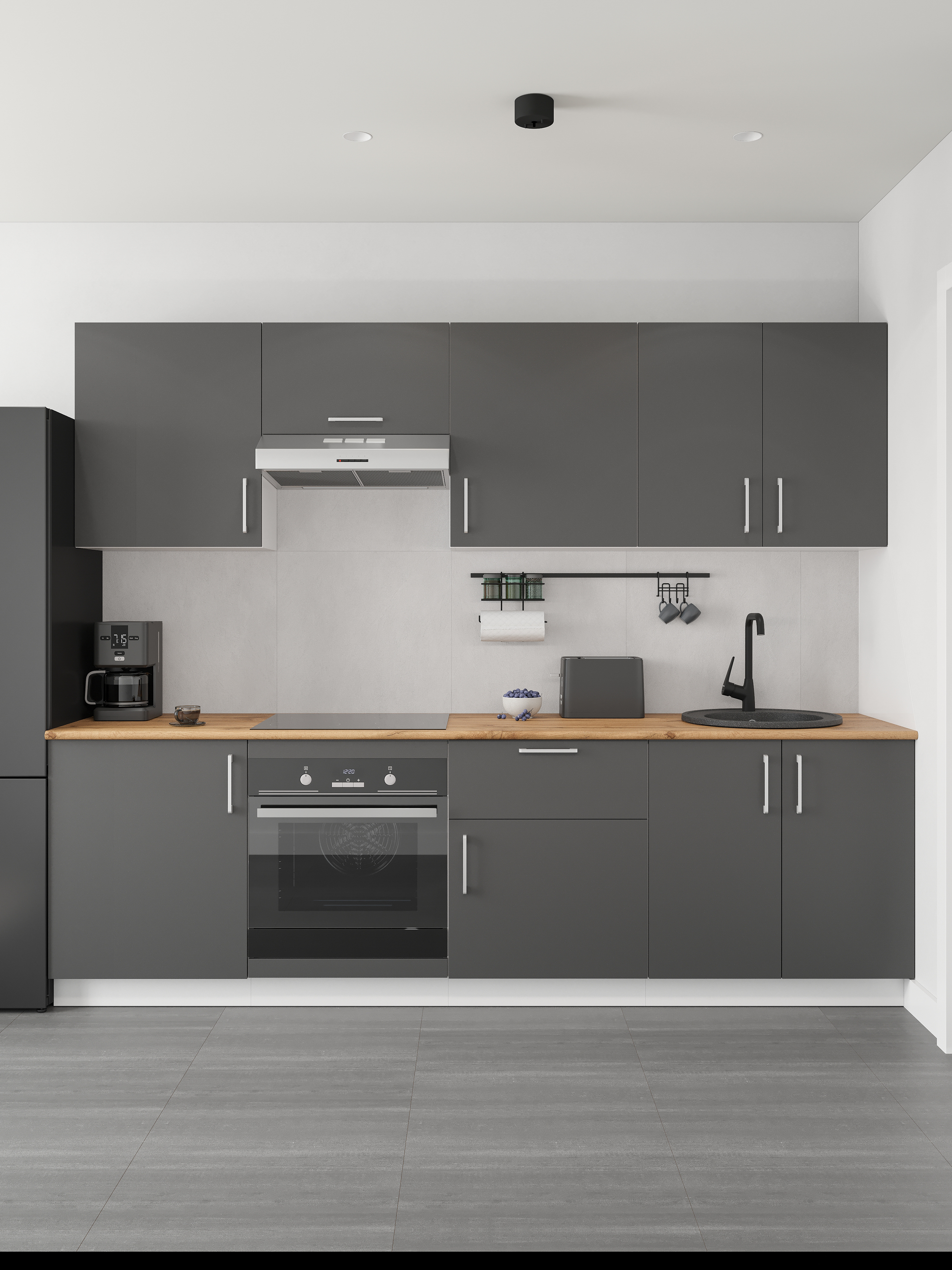 Кухонный гарнитур Domaci Болонья 260 см, фасад графит, ручка хром, столешница дуб вотан KUH-1008817