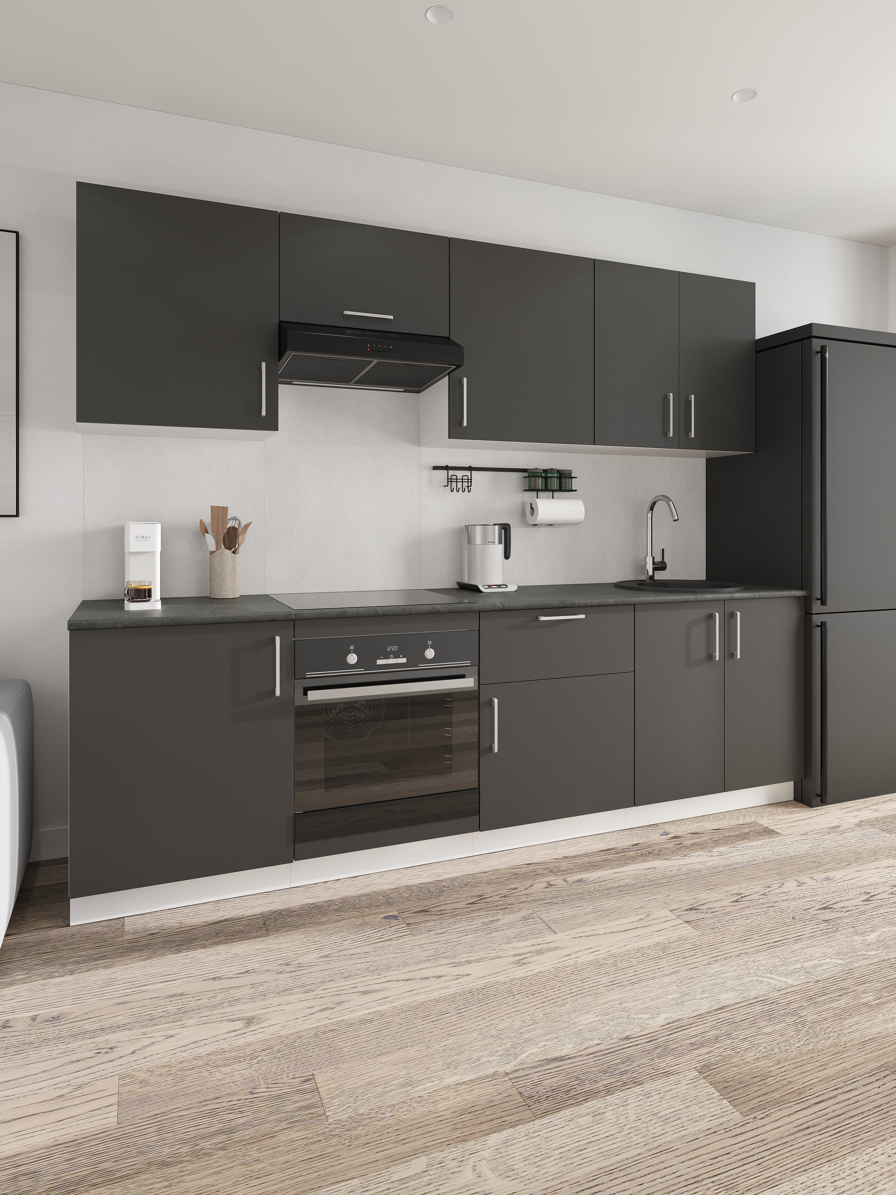 Кухонный гарнитур Domaci Болонья 260 см, фасад графит, ручка хром, столешница луна KUH-1008818