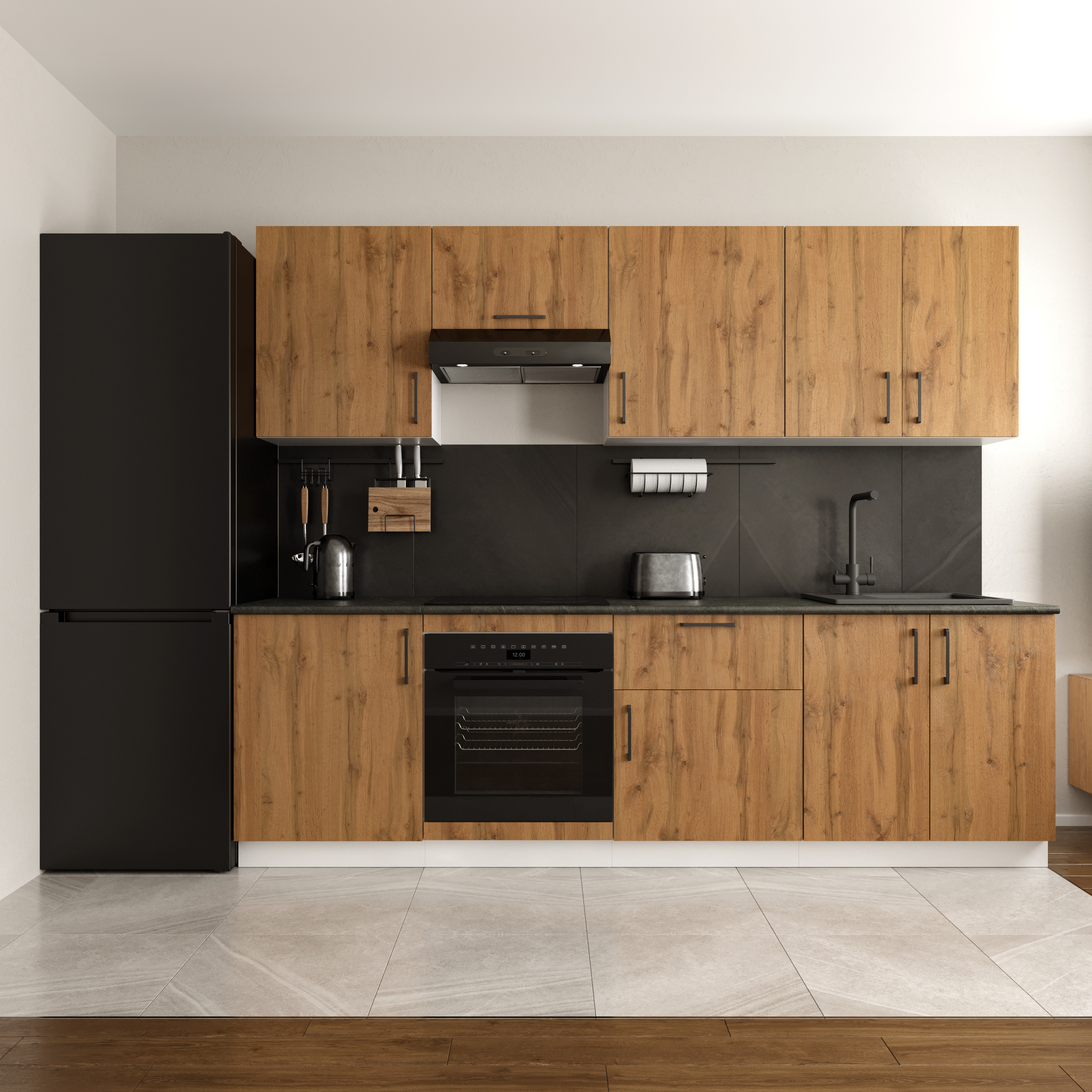 Кухонный гарнитур Domaci Болонья 260 см, фасад дуб вотан, ручка черная, столешница луна KUH-1008819