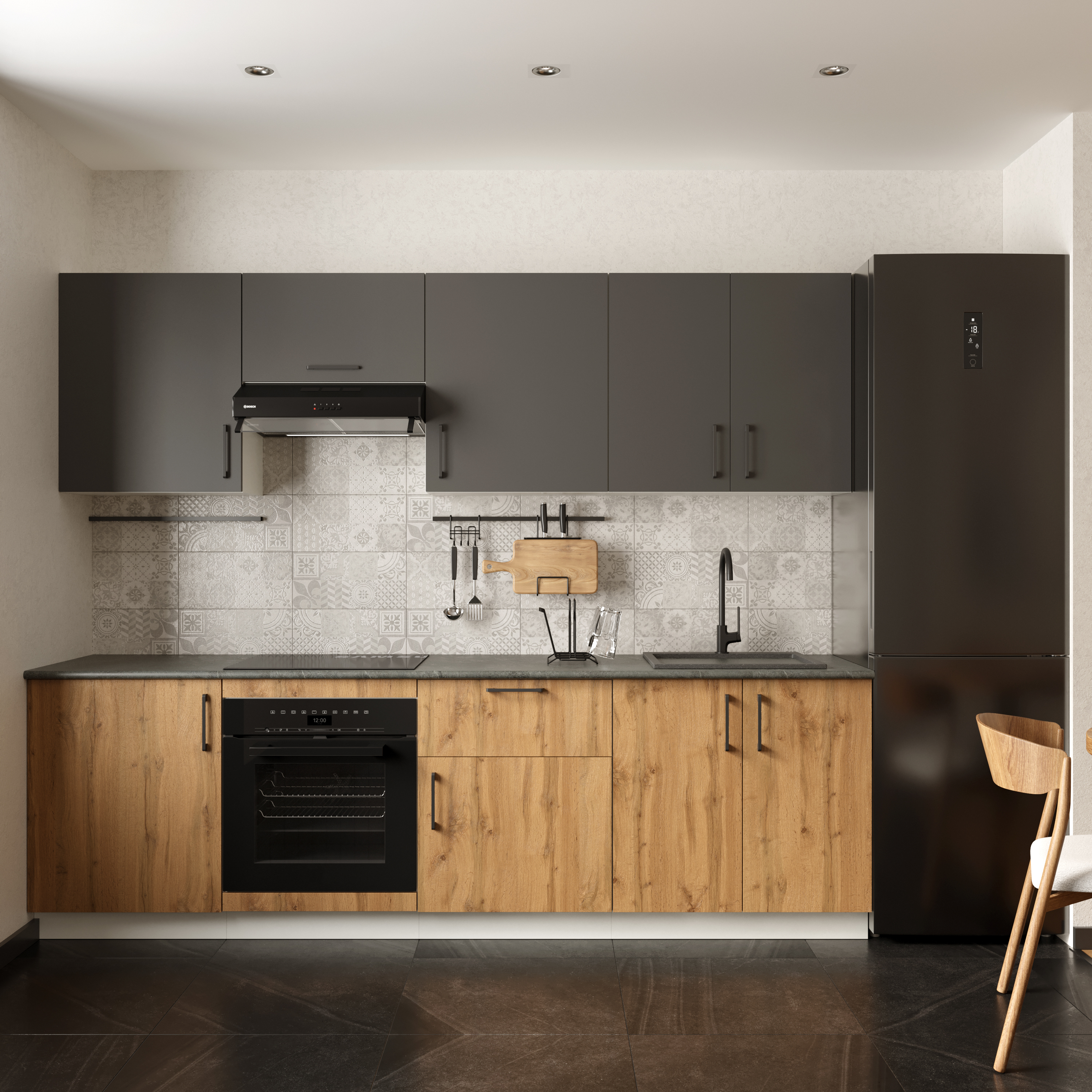 Кухонный гарнитур Domaci Болонья 260 см, фасад дуб вотан, графит, ручка черная, столешница луна KUH-1008822