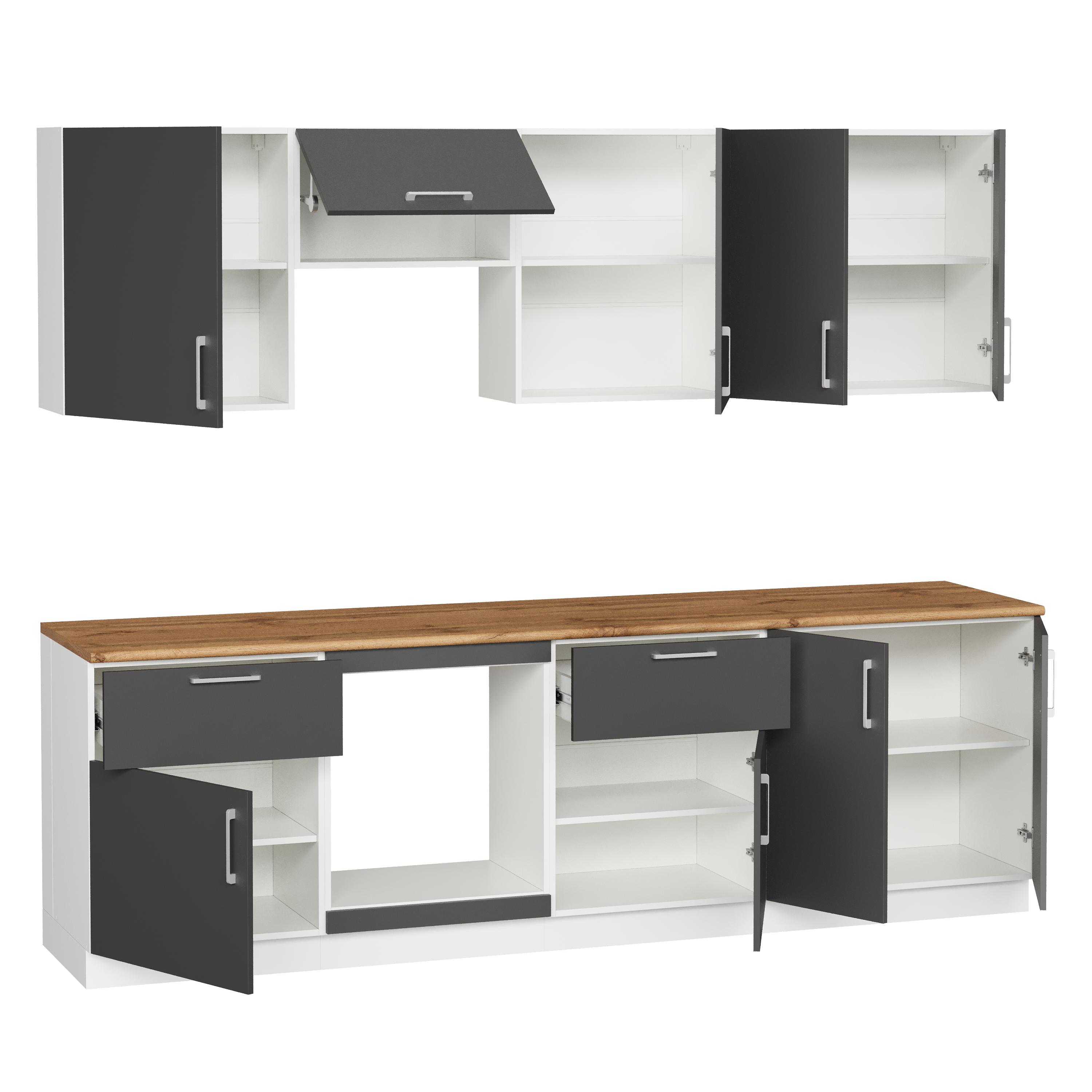 Кухонный гарнитур Domaci Болонья 260 см, фасад графит, ручка хром, столешница дуб вотан KUH-1008825