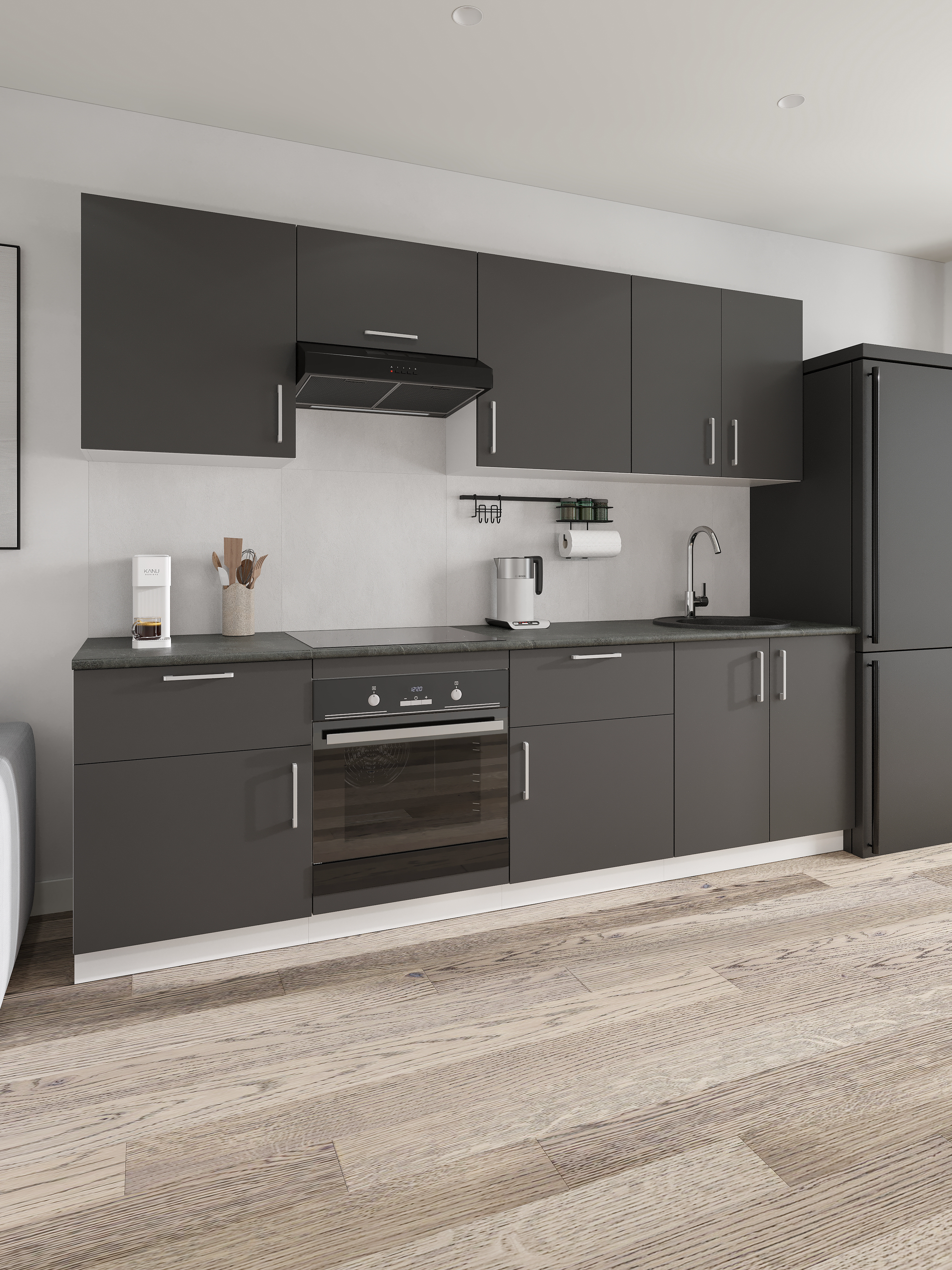 Кухонный гарнитур Domaci Болонья 260 см, фасад графит, ручка хром, столешница луна KUH-1008826