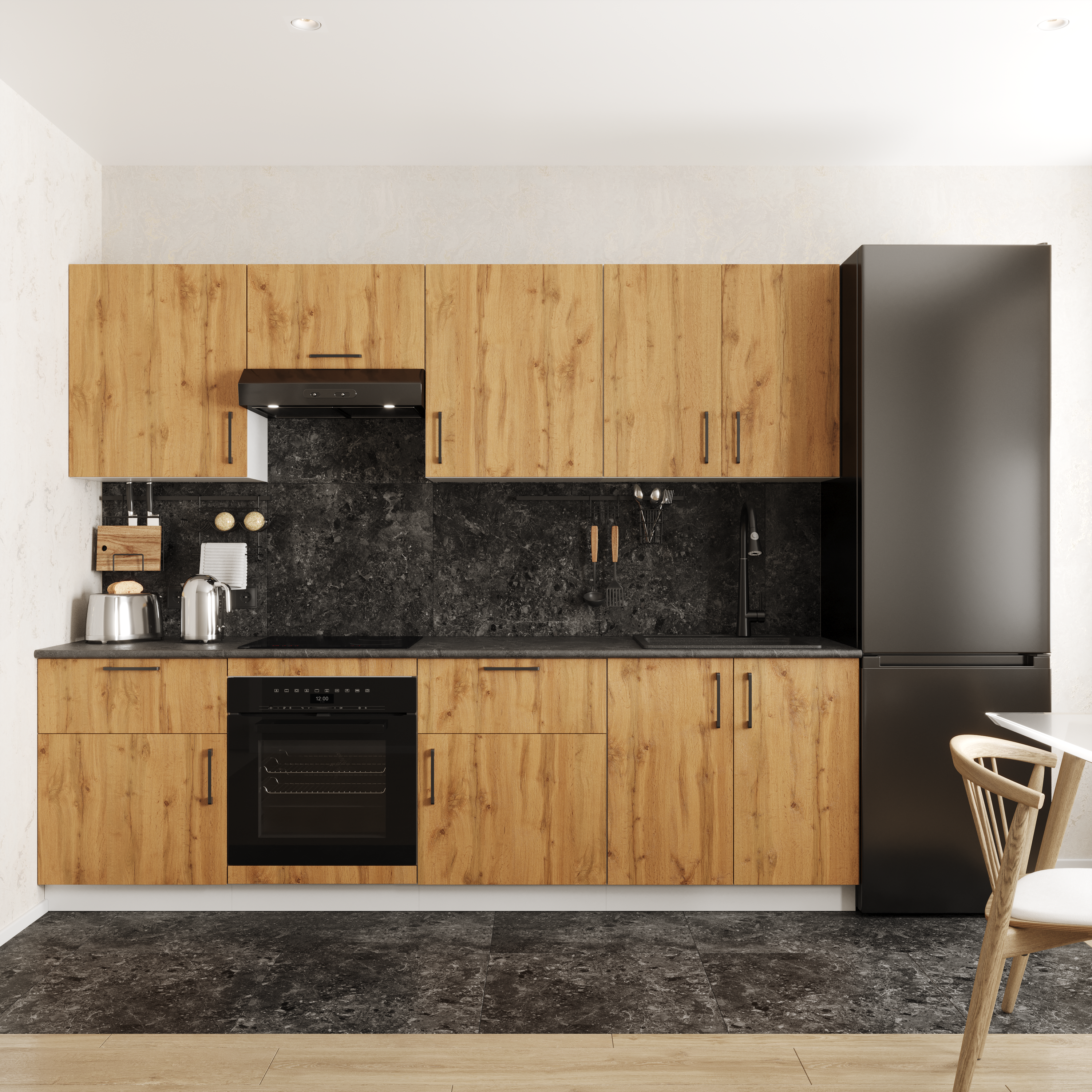 Кухонный гарнитур Domaci Болонья 260 см, фасад дуб вотан, ручка черная, столешница луна KUH-1008827