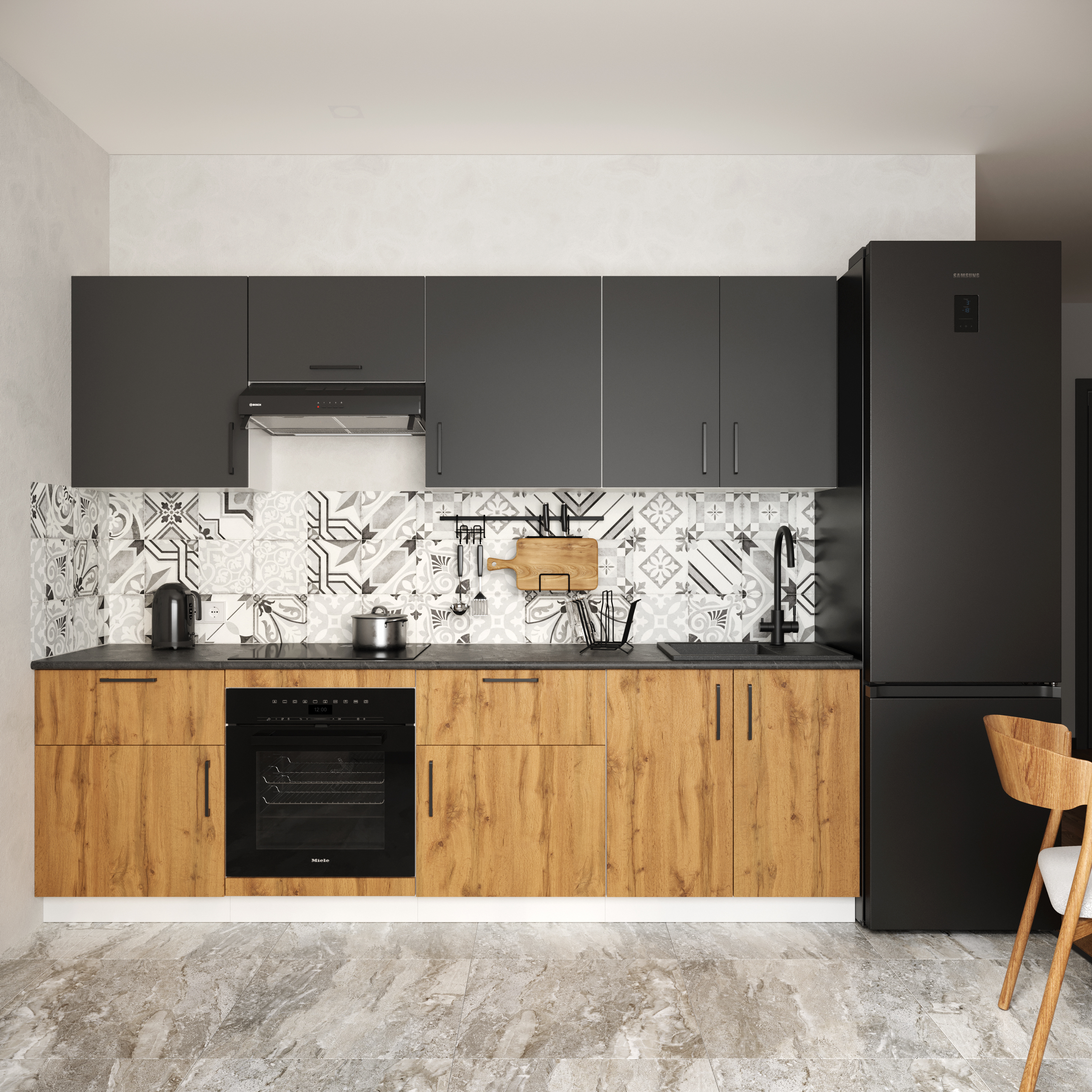 Кухонный гарнитур Domaci Болонья 260 см, фасад дуб вотан, графит, ручка черная, столешница луна KUH-1008830