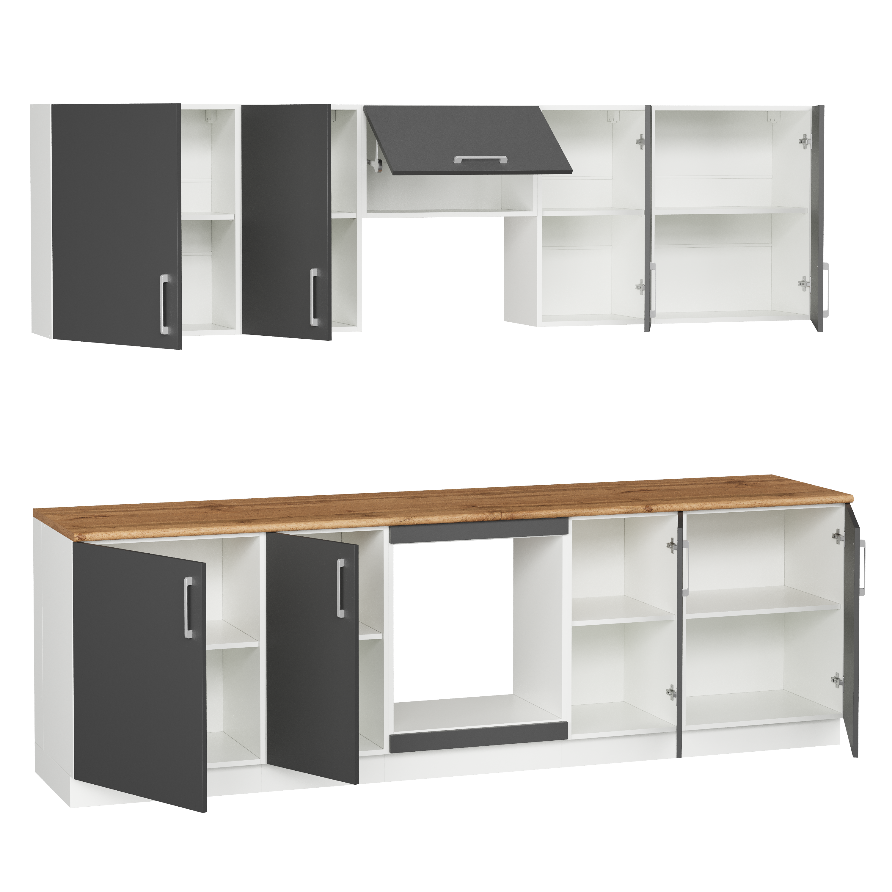 Кухонный гарнитур Domaci Болонья 260 см, фасад графит, ручка хром, столешница дуб вотан KUH-1008833