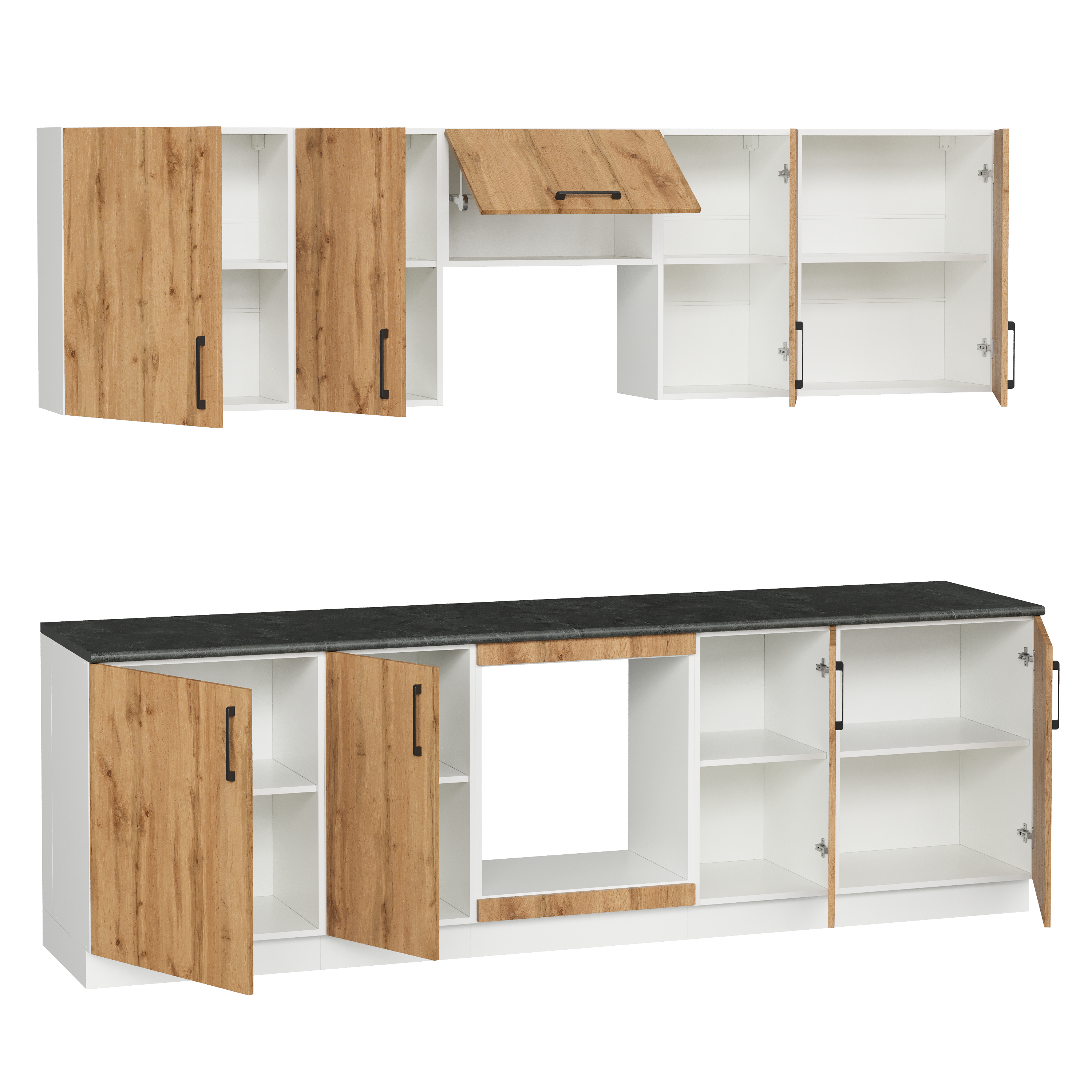 Кухонный гарнитур Domaci Болонья 260 см, фасад дуб вотан, ручка черная, столешница луна KUH-1008835