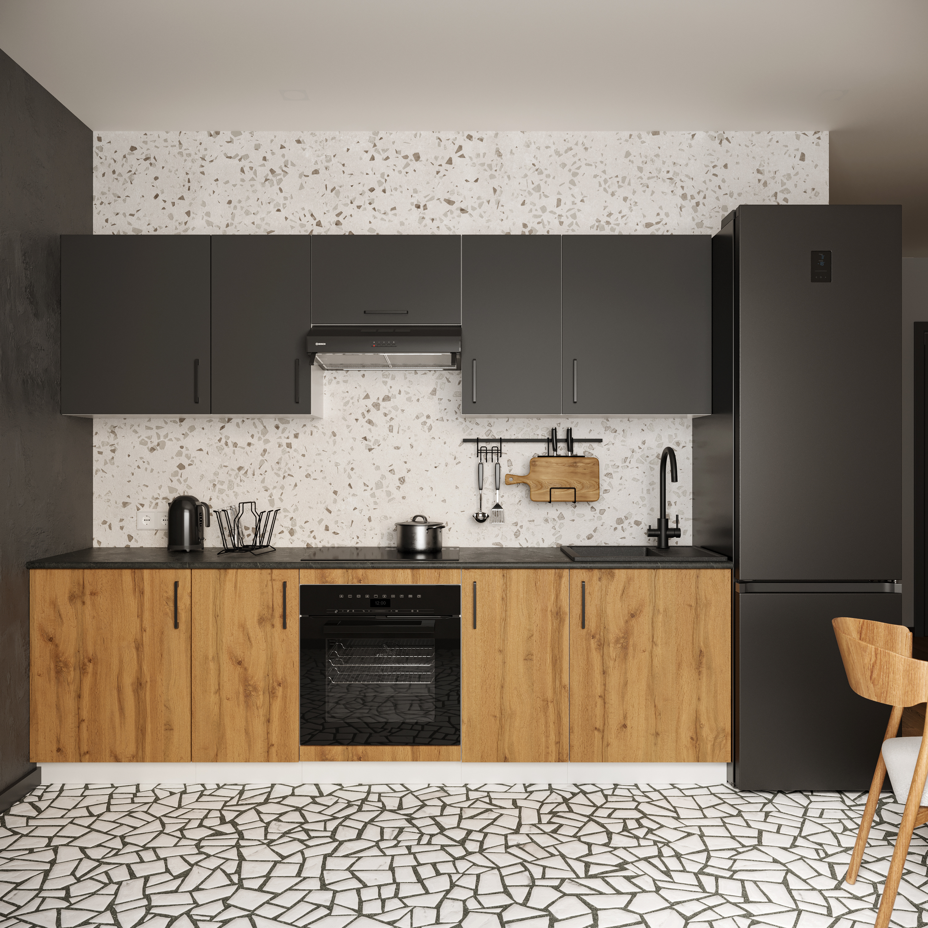 Кухонный гарнитур Domaci Болонья 260 см, фасад дуб вотан, графит, ручка черная, столешница луна KUH-1008838