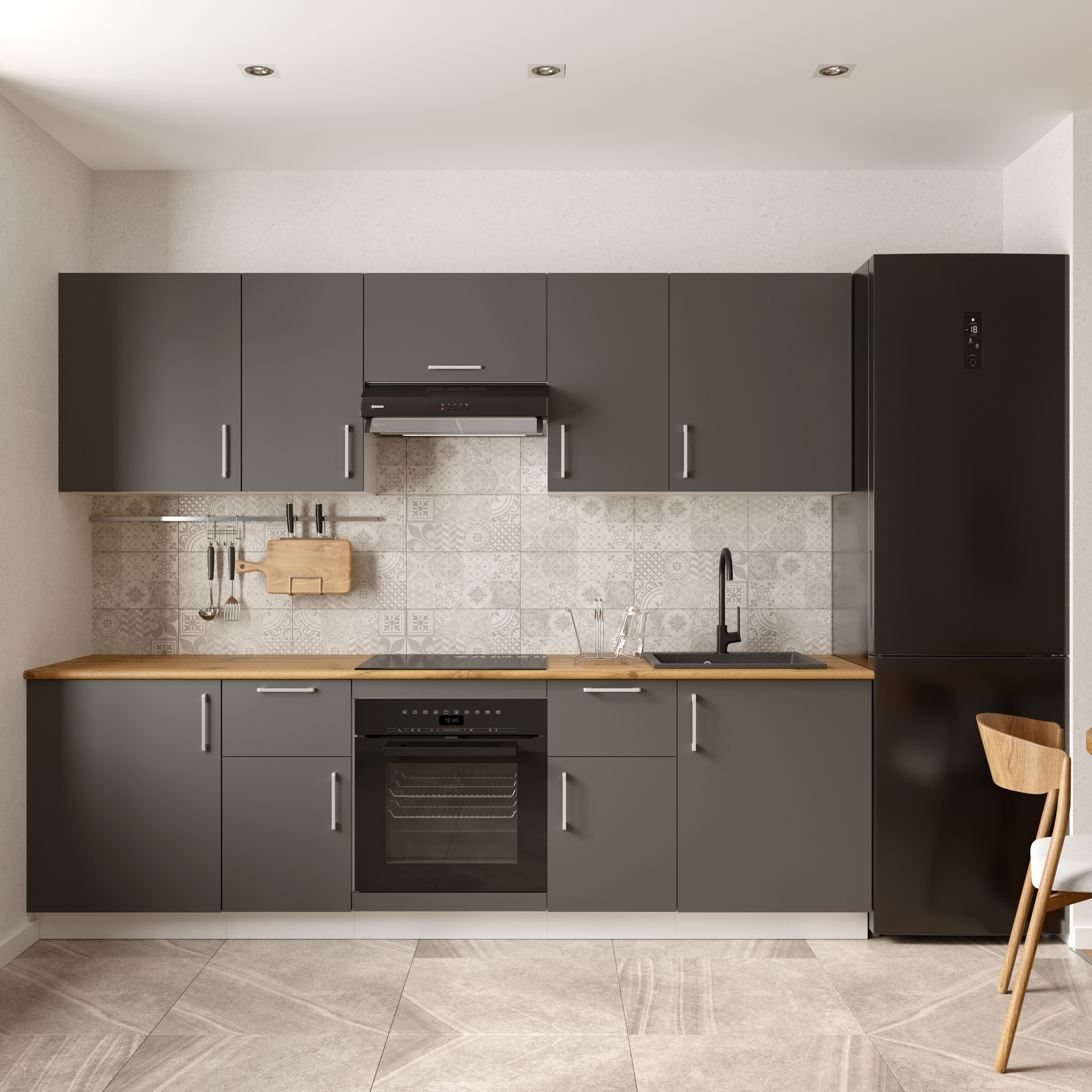 Кухонный гарнитур Domaci Болонья 260 см, фасад графит, ручка хром, столешница дуб вотан KUH-1008841