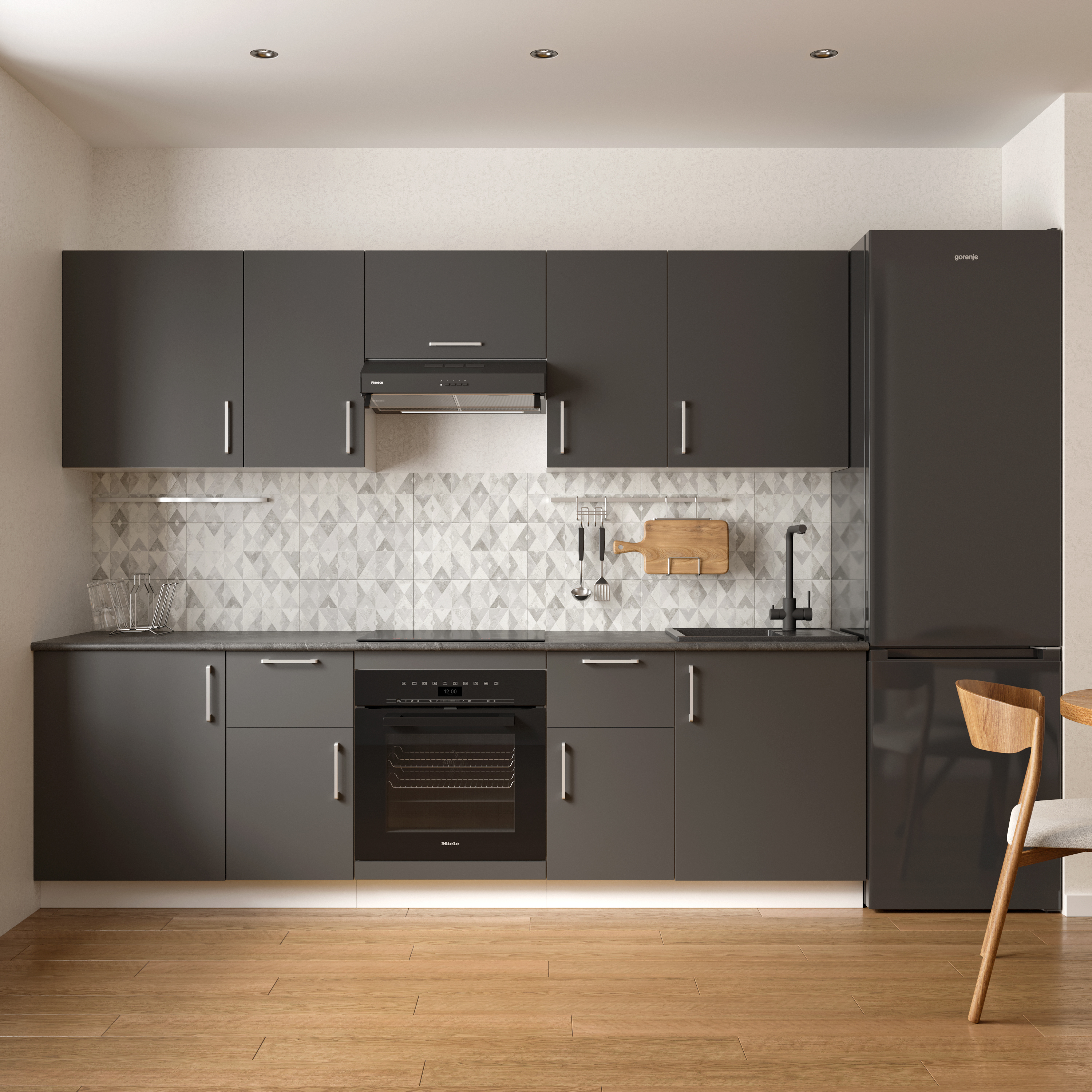 Кухонный гарнитур Domaci Болонья 260 см, фасад графит, ручка хром, столешница луна KUH-1008842