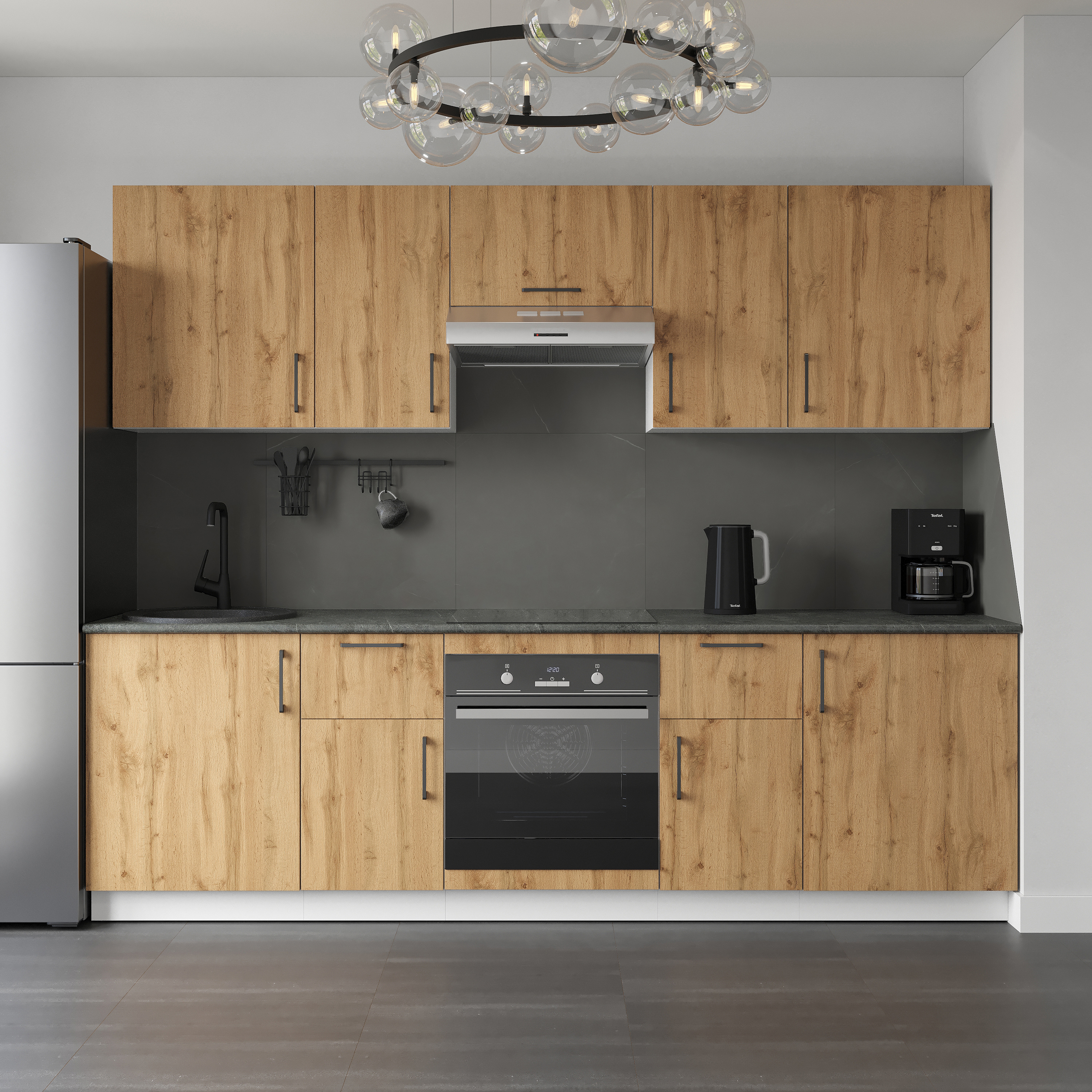 Кухонный гарнитур Domaci Болонья 260 см, фасад дуб вотан, ручка черная, столешница луна KUH-1008843