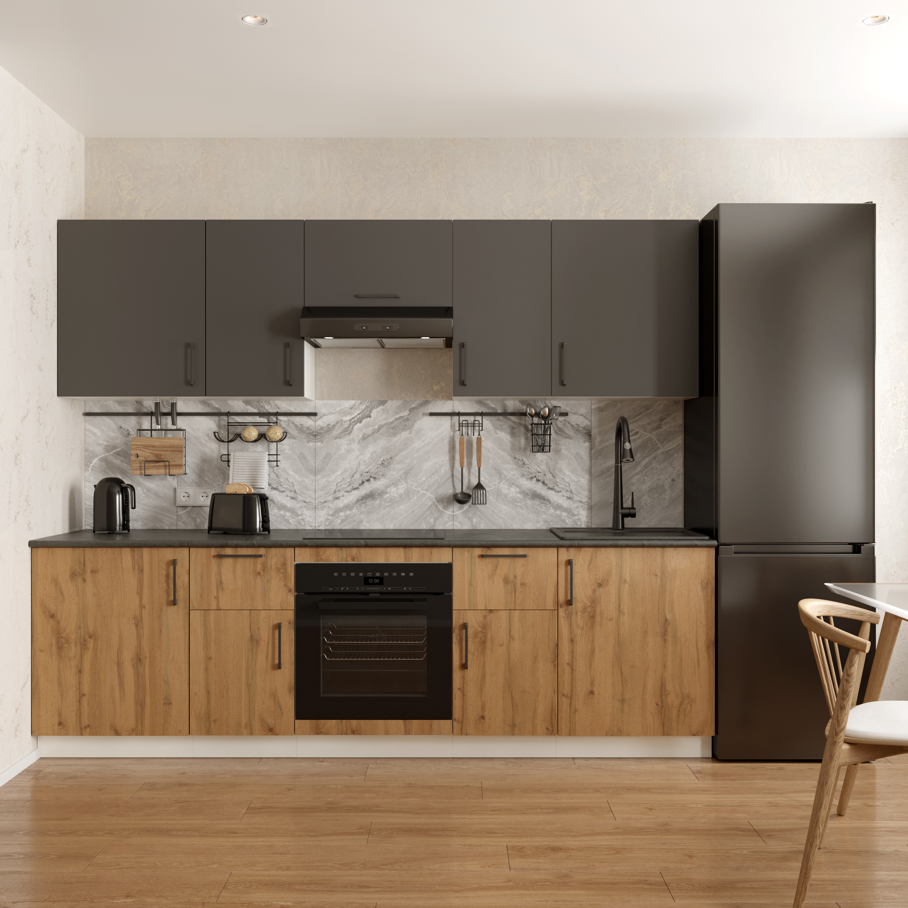 Кухонный гарнитур Domaci Болонья 260 см, фасад дуб вотан, графит, ручка черная, столешница луна KUH-1008846