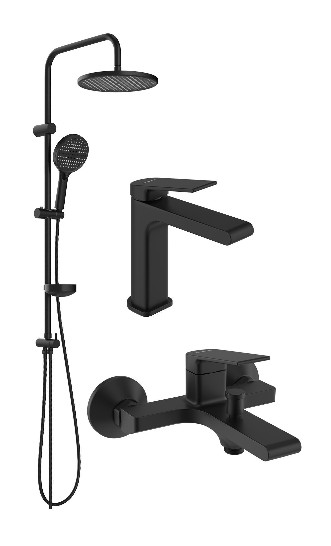 Комплект для ванной Смеситель STWORKI Ольборг S20010BK черный + Стойка Хальмстад S15180BK матовая черная + Смеситель S20100BK матовый черный