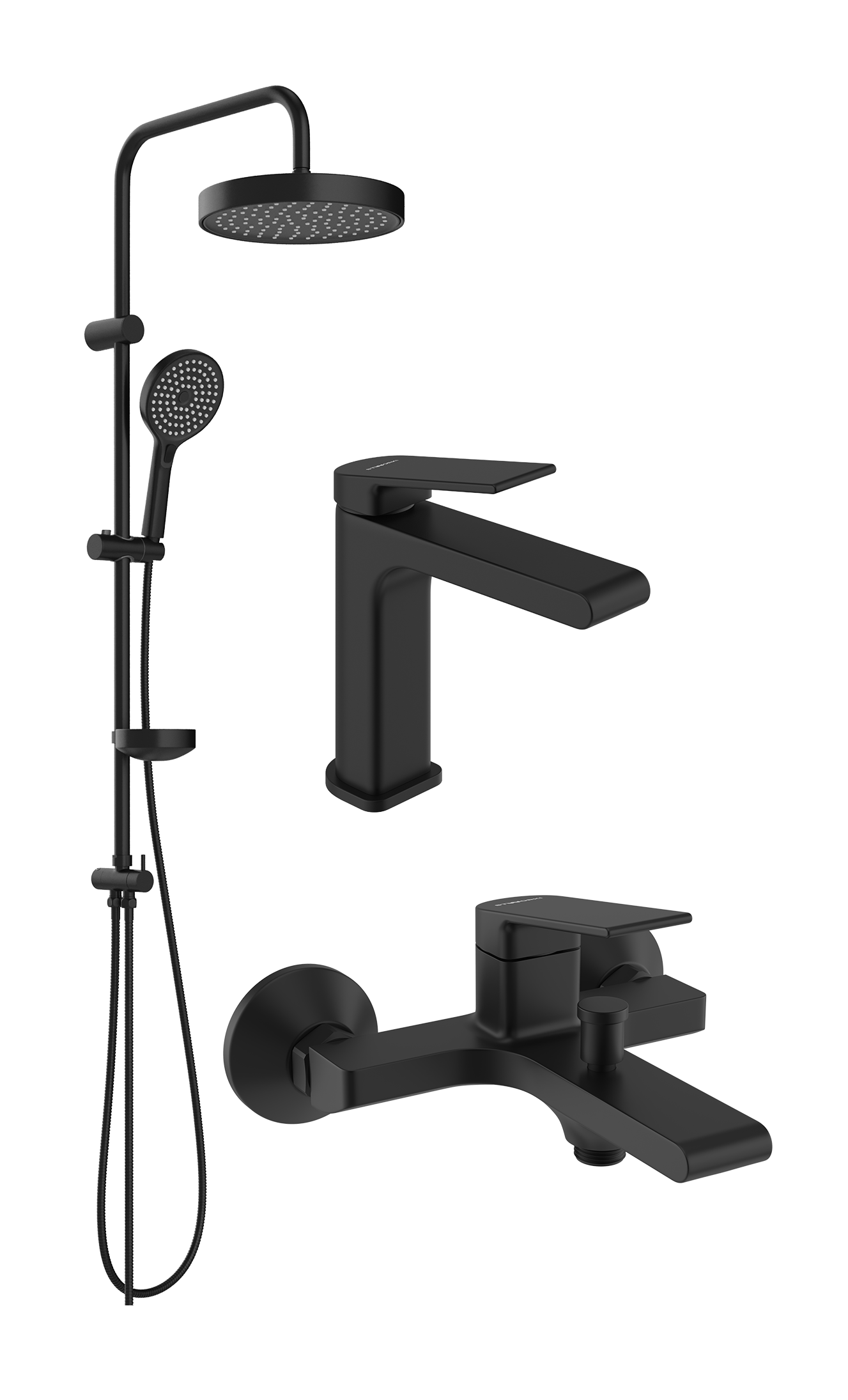 Комплект для ванной Смеситель STWORKI Ольборг S20010BK черный + Стойка Хельсингборг S18180BK матовая черная + Смеситель S20100BK матовый черный