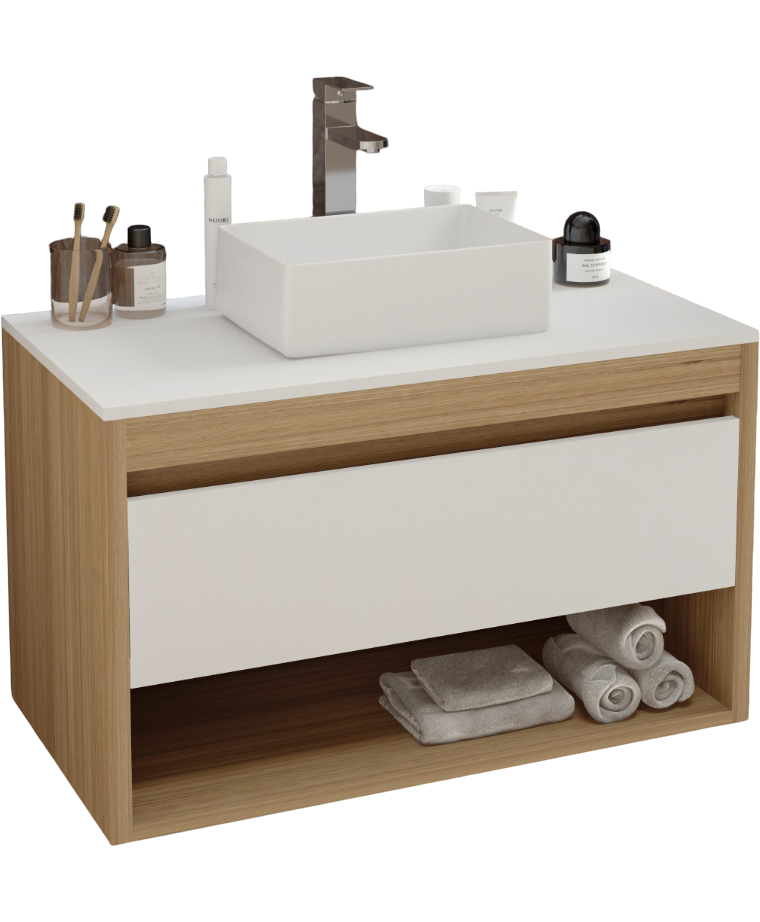 Тумба с раковиной Teymi Ritta 85 дуб эврика, матовая белая, раковина Helmi Mini 38
