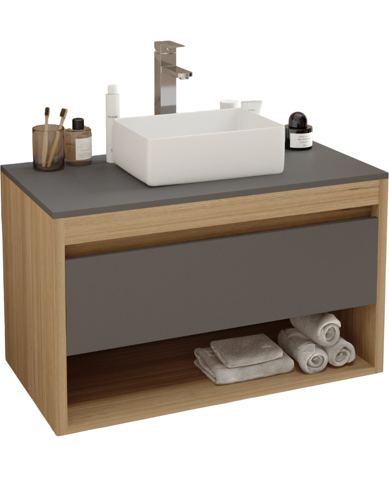 Тумба с раковиной Teymi Ritta 85 дуб эврика, матовый графит, раковина Helmi Mini 38