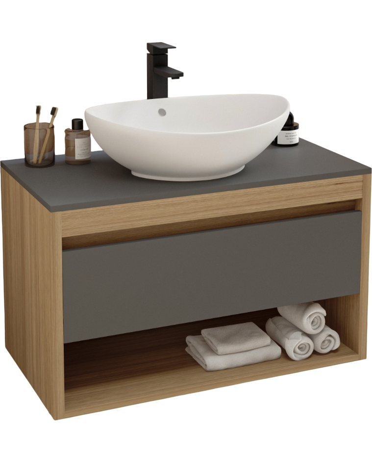 Тумба с раковиной Teymi Ritta 85 дуб эврика, матовый графит, раковина Lori 60