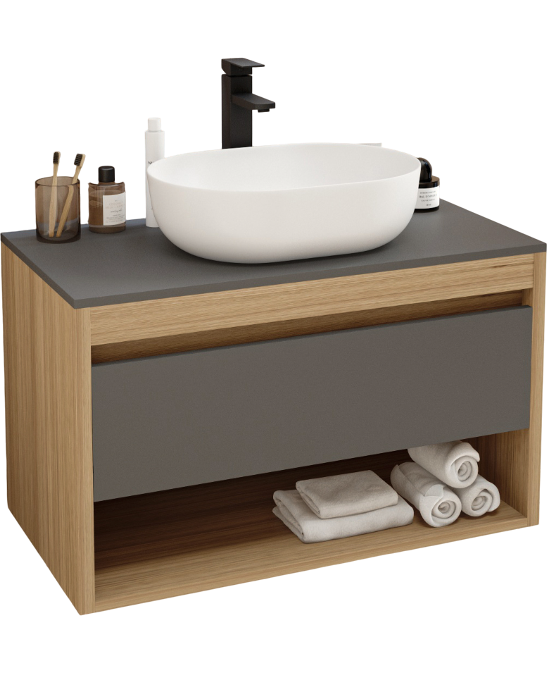 Тумба с раковиной Teymi Ritta 85 дуб эврика, матовый графит, раковина Solli 48