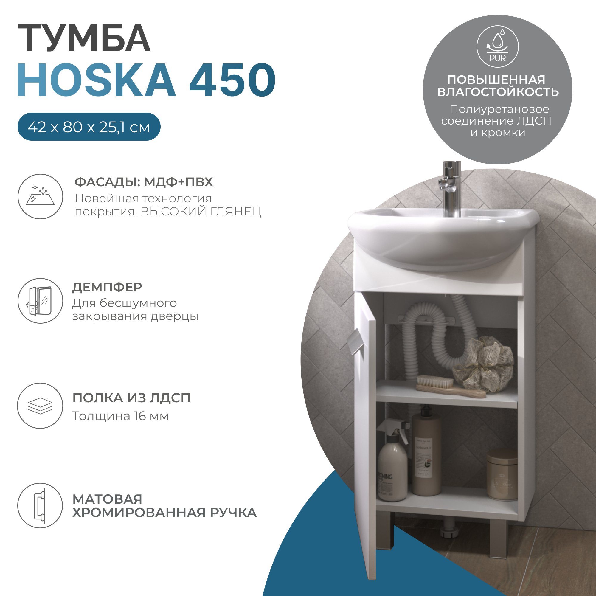 Тумба под раковину без столешницы Vigo Hoska 45 1 дверца, белая