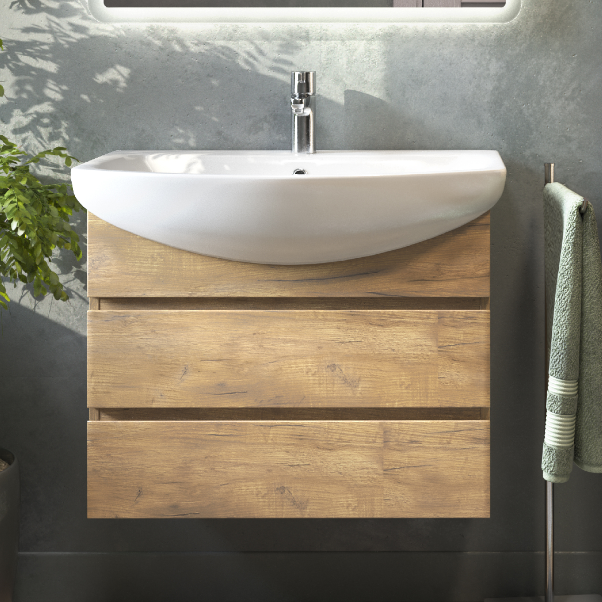 Тумба с раковиной Vigo Wing 70 подвесная, дуб золотой, раковина Балтика 70