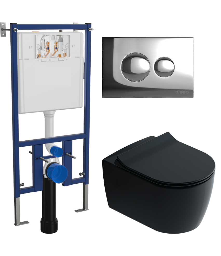 Комплект 3 в 1 Унитаз подвесной STWORKI Ноттвиль SETK3104-2616 черный + Инсталляция DIWO 4501 + Кнопка 7312 цвет хром
