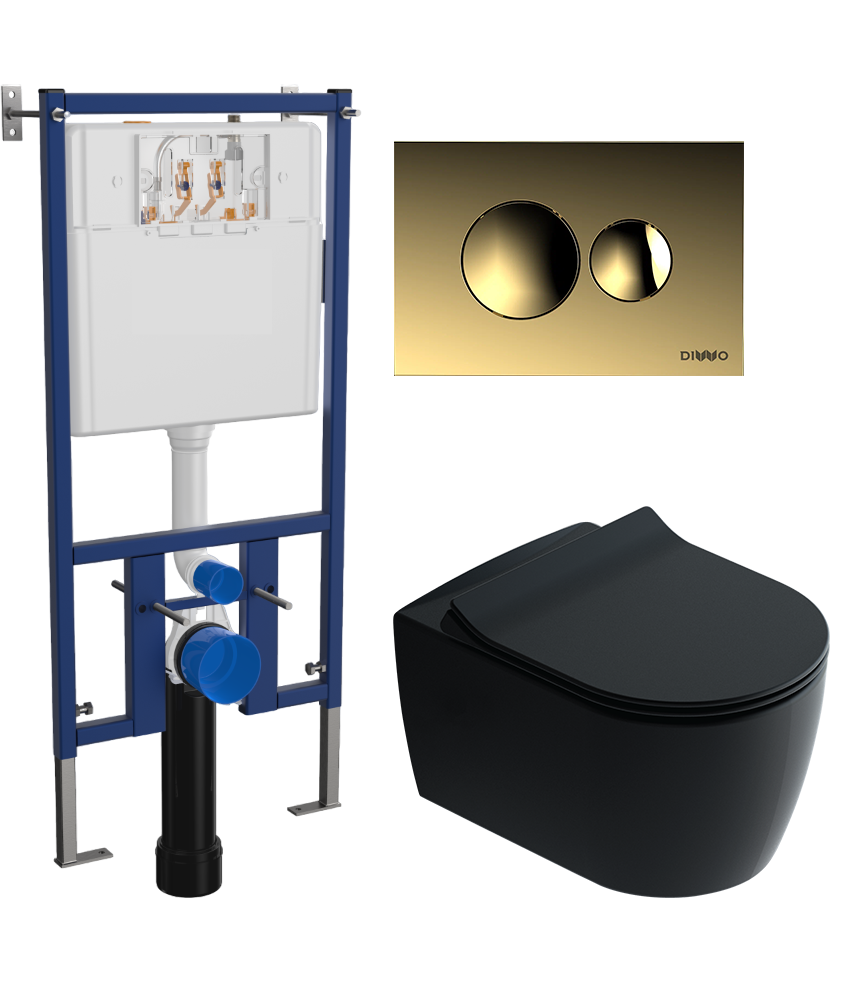 Комплект 3 в 1 Унитаз подвесной STWORKI Ноттвиль SETK3104-2616 черный + Инсталляция DIWO 4501 + Кнопка 7315 цвет матовое золото