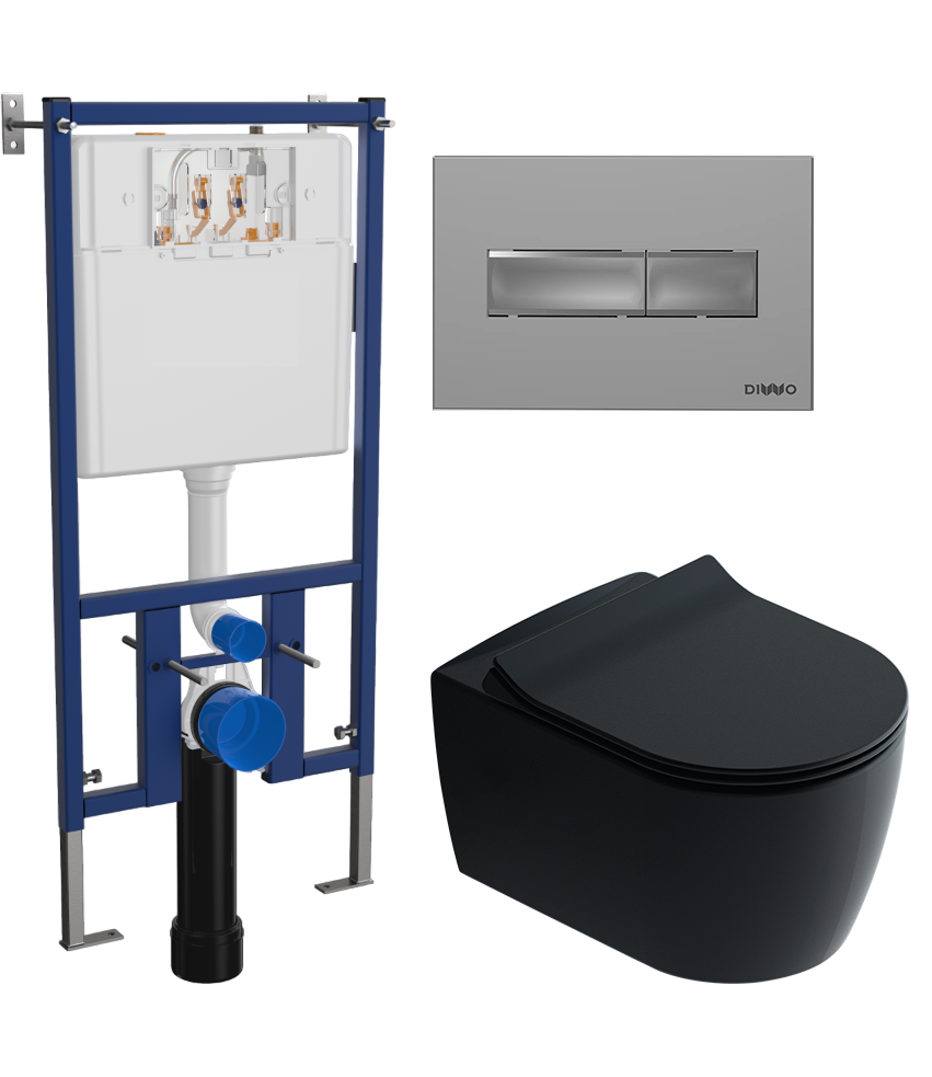 Комплект 3 в 1 Унитаз подвесной STWORKI Ноттвиль SETK3104-2616 черный + Инсталляция DIWO 4501 + Кнопка 7321 цвет матовый хром