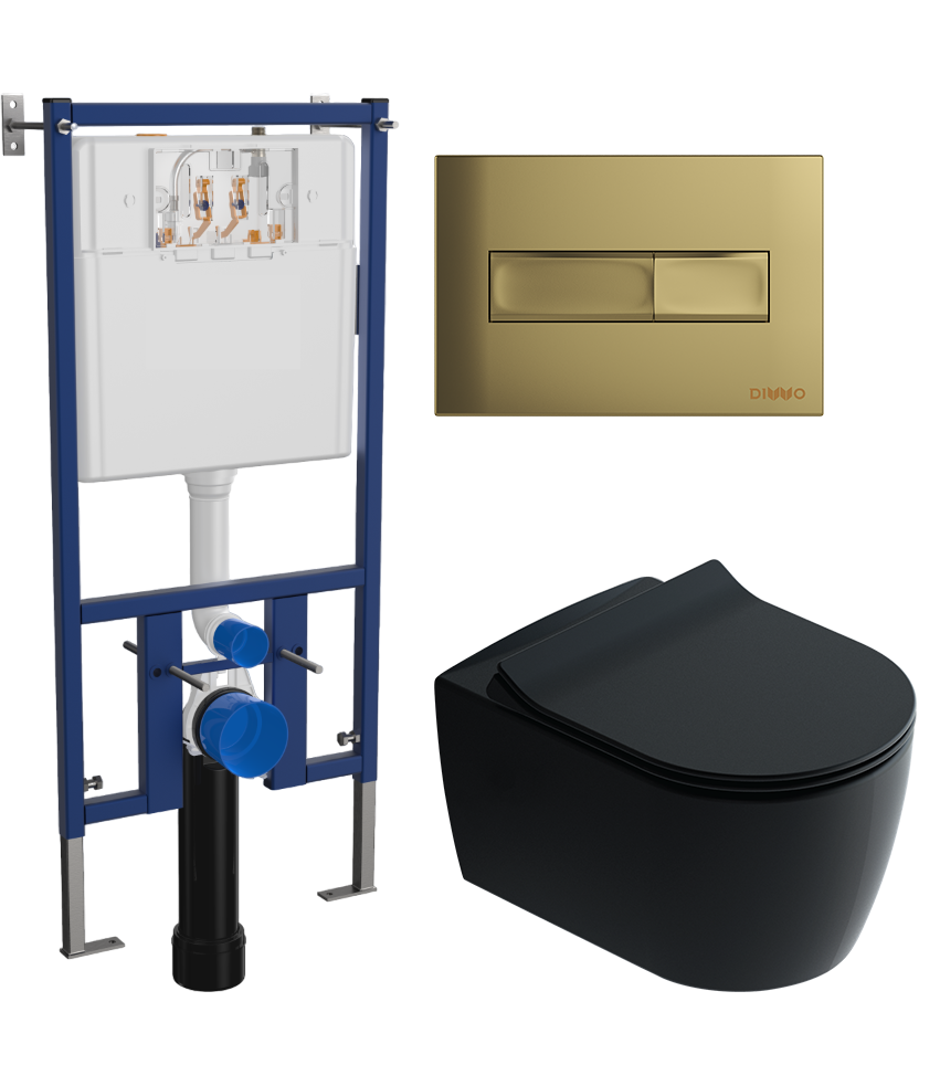 Комплект 3 в 1 Унитаз подвесной STWORKI Ноттвиль SETK3104-2616 черный + Инсталляция DIWO 4501 + Кнопка 7325 цвет матовое золото