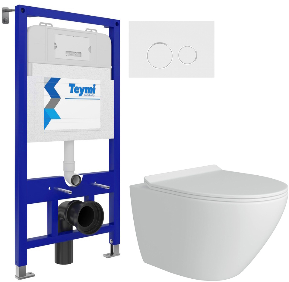 Комплект 3 в 1 Унитаз подвесной Teymi Lina Pro T40112 + Инсталляция Aina T70011 + Кнопка Lina T70106 цвет матовый белый, хром