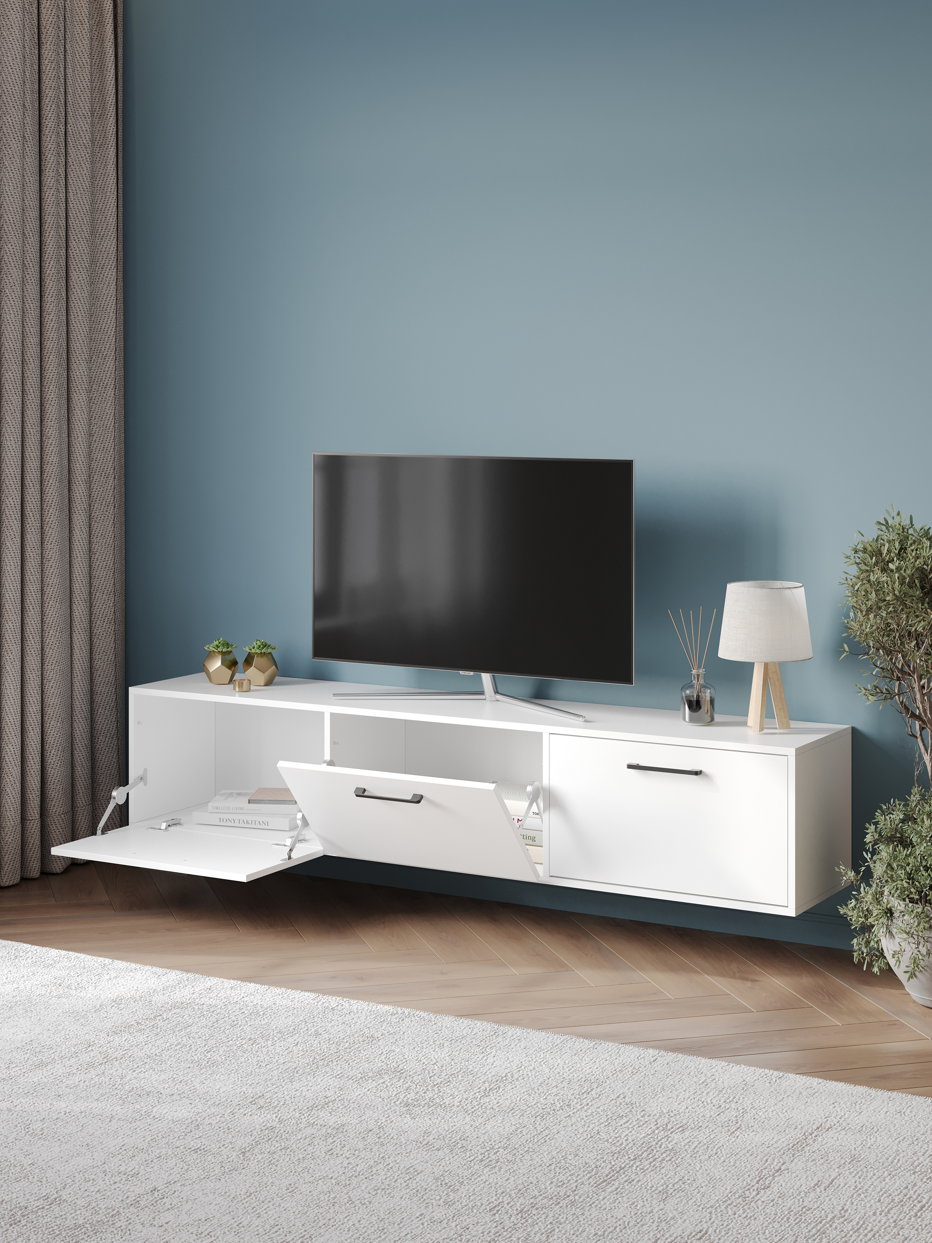 Тумба под телевизор DIWO Кострома 180х36х35 см белая, ручка черная