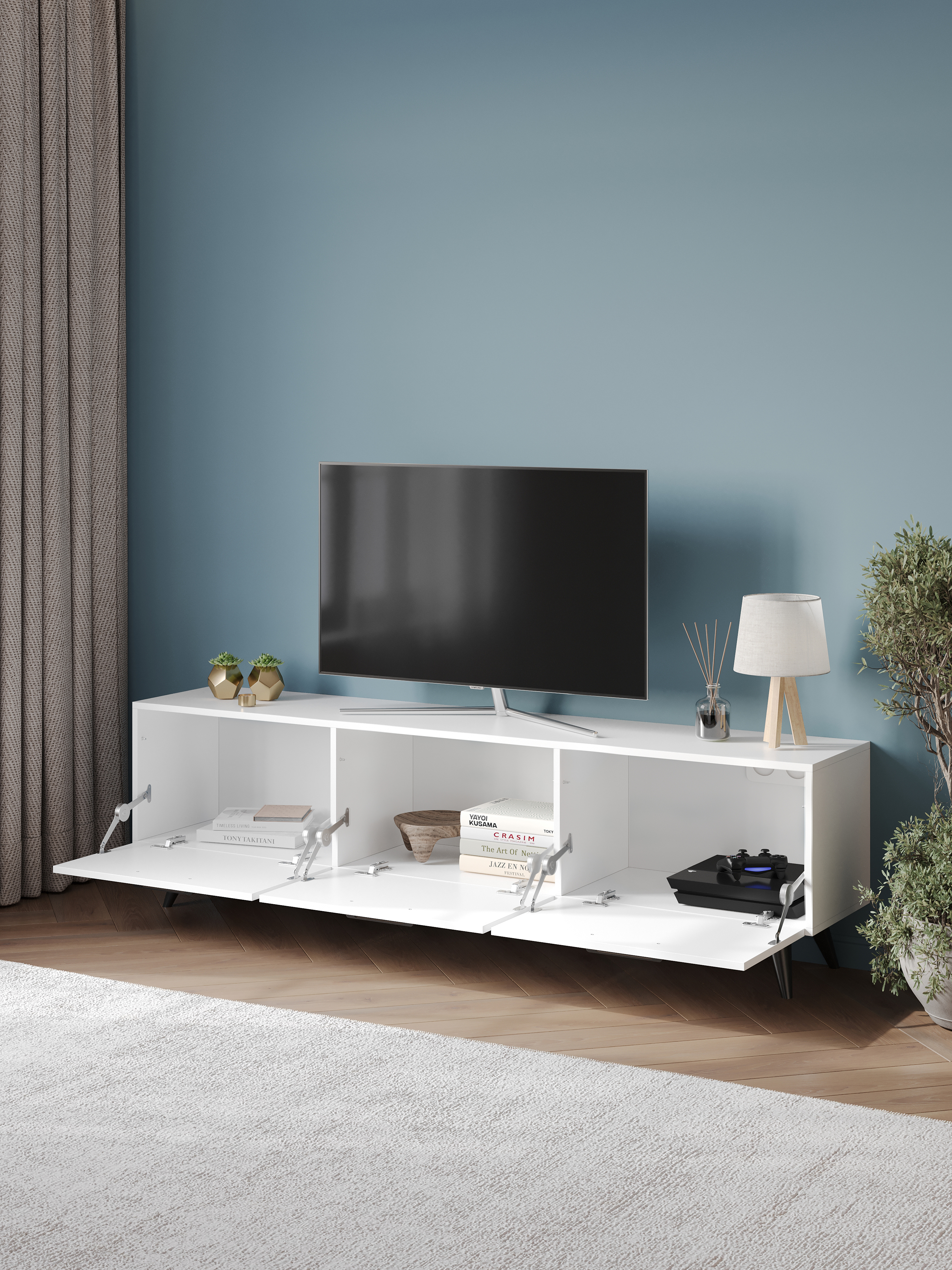 Тумба под телевизор DIWO Кострома 180х51х35 см белая, ручка черная, ножка черная