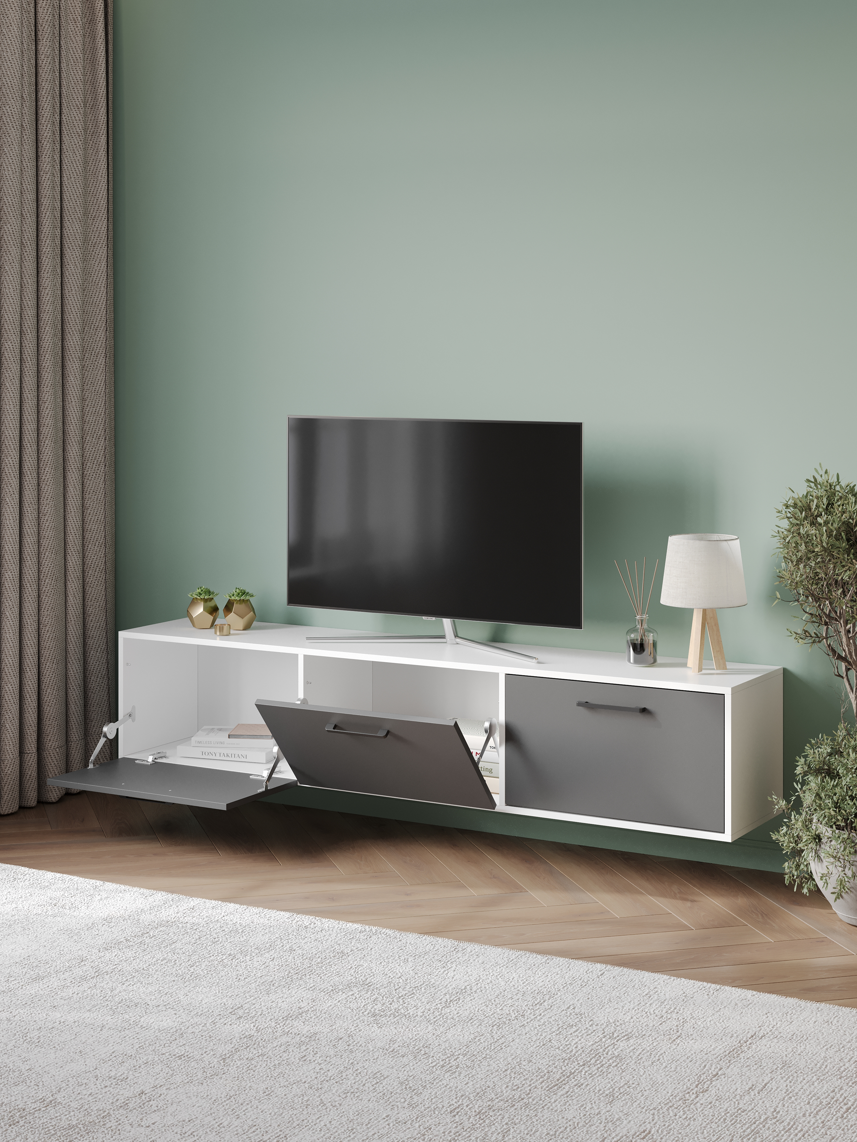 Тумба под телевизор DIWO Кострома 180х36х35 см белый, антрацит, ручка черная