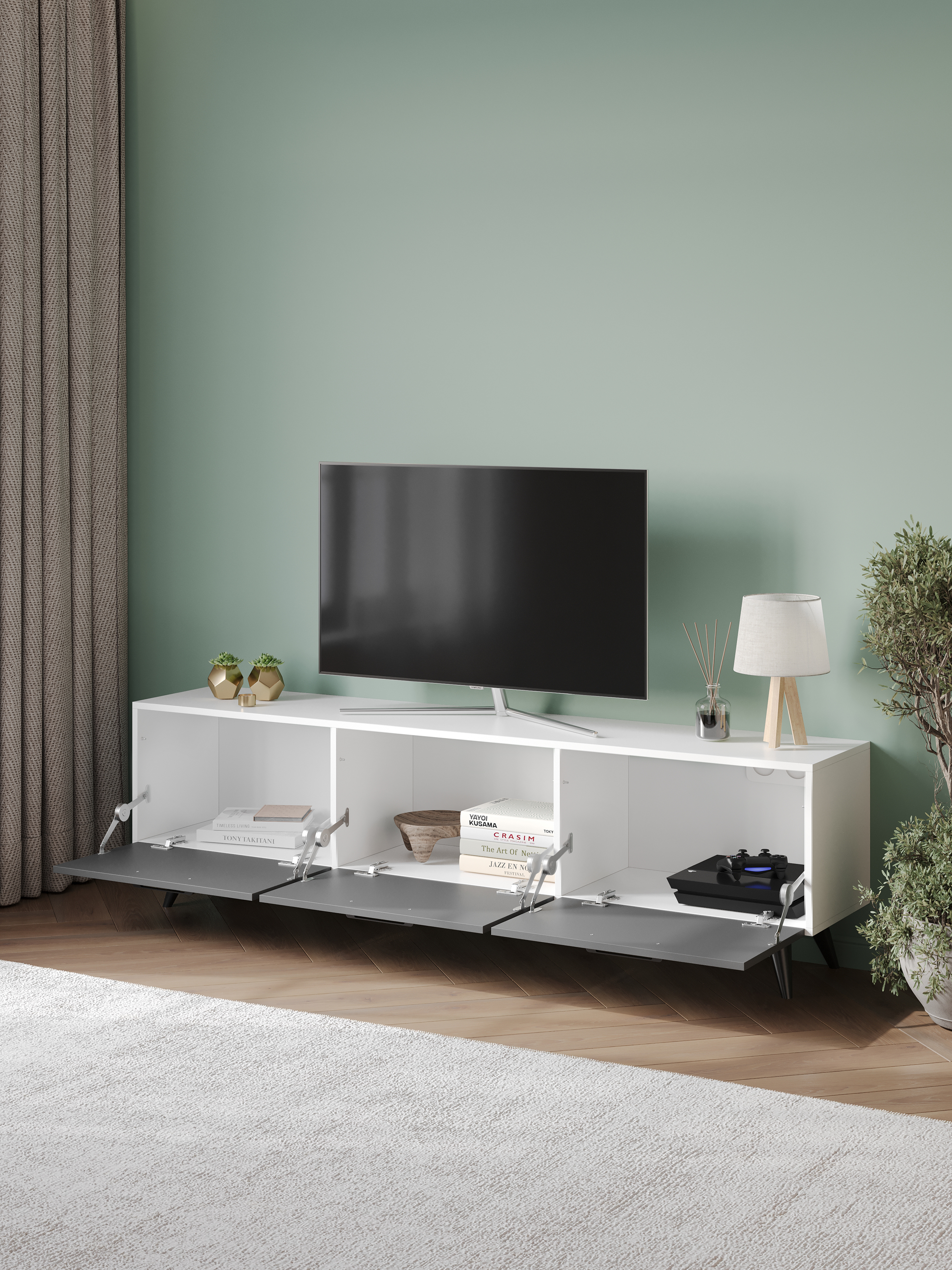 Тумба под телевизор DIWO Кострома 180х51х35 см белый, антрацит, ручка черная, ножка черная