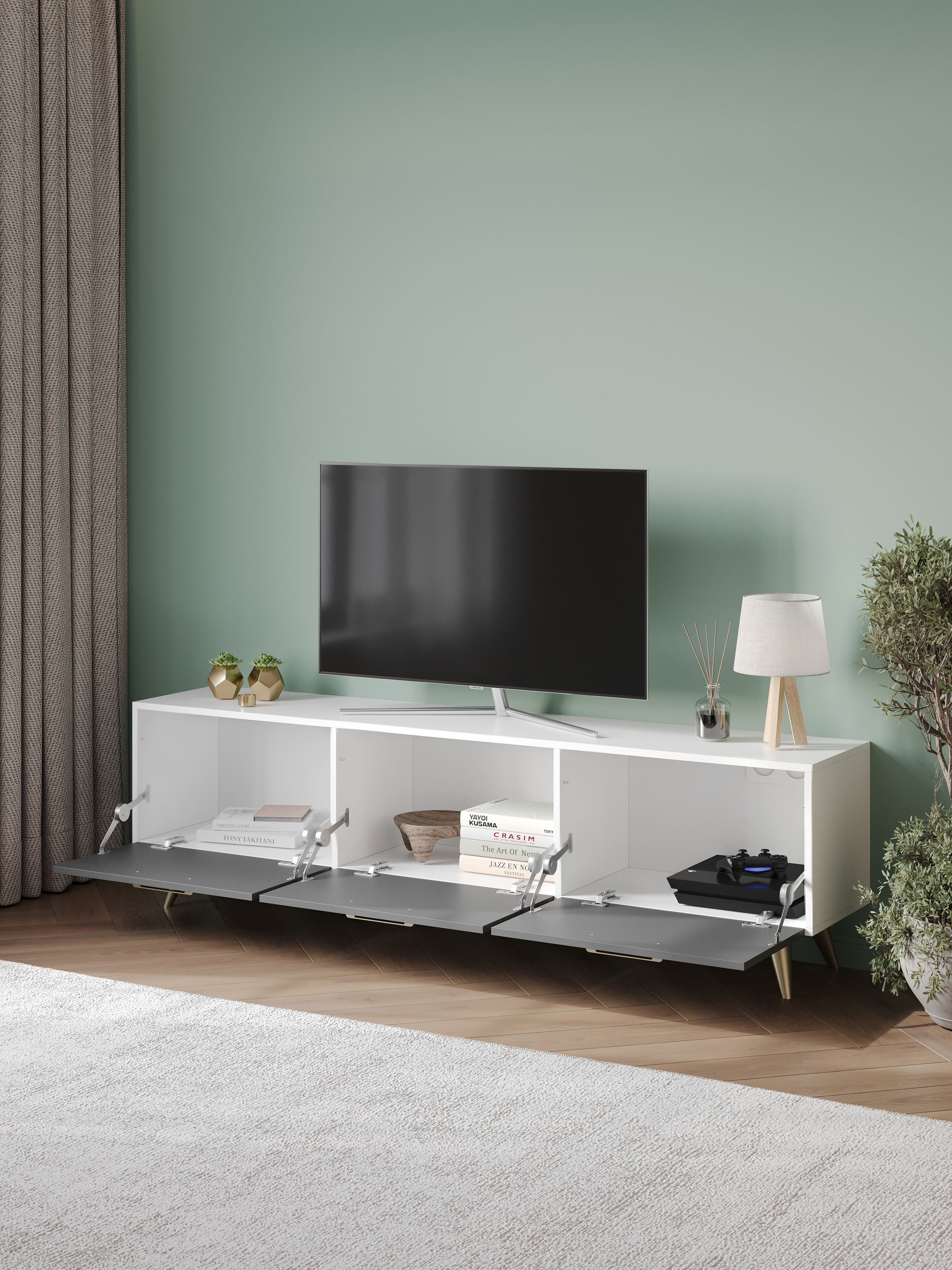 Тумба под телевизор DIWO Кострома 180х51х35 см белый, антрацит, ручка золото, ножка золото