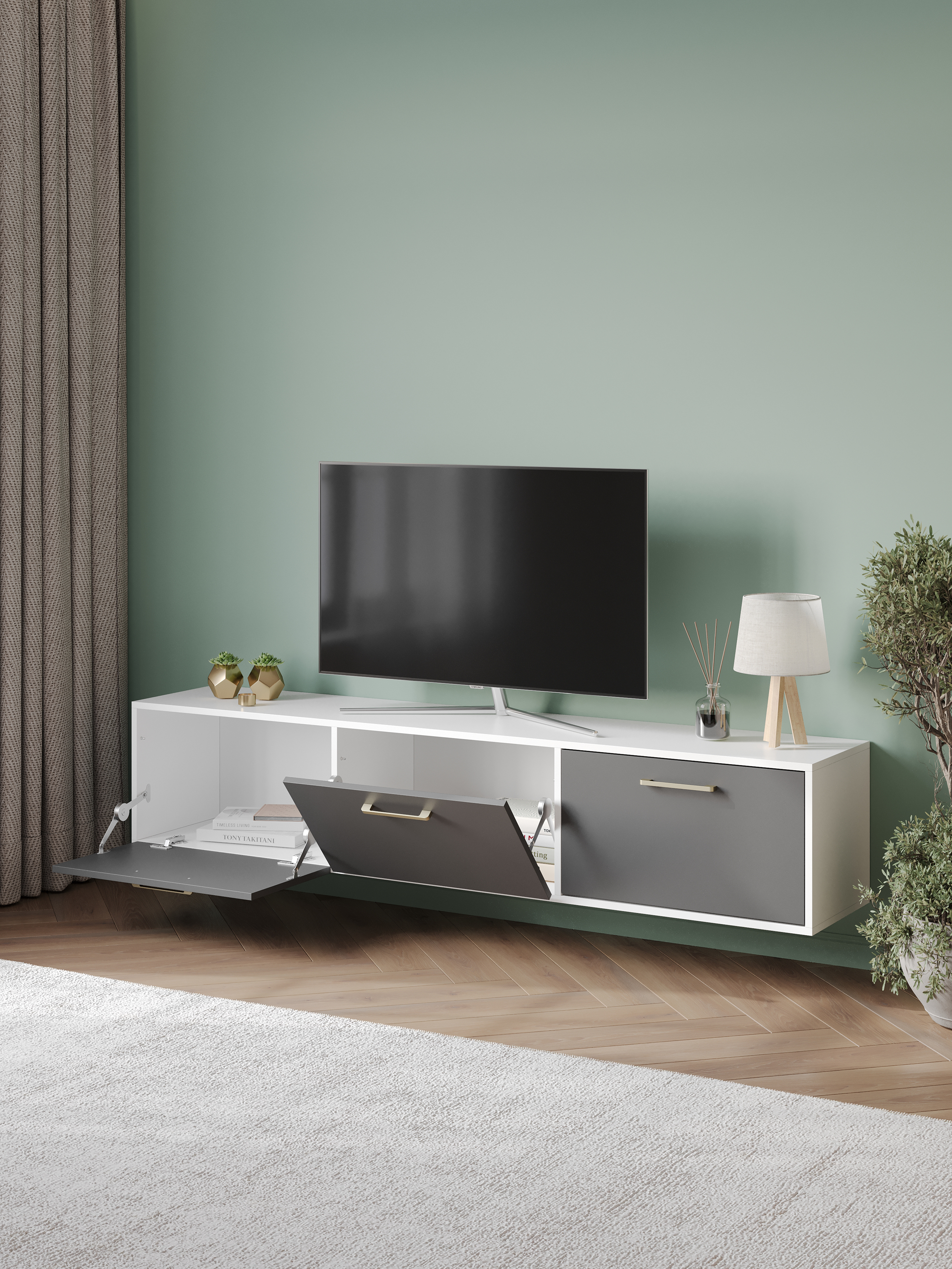 Тумба под телевизор DIWO Кострома 180х36х35 см белый, антрацит, ручка золото