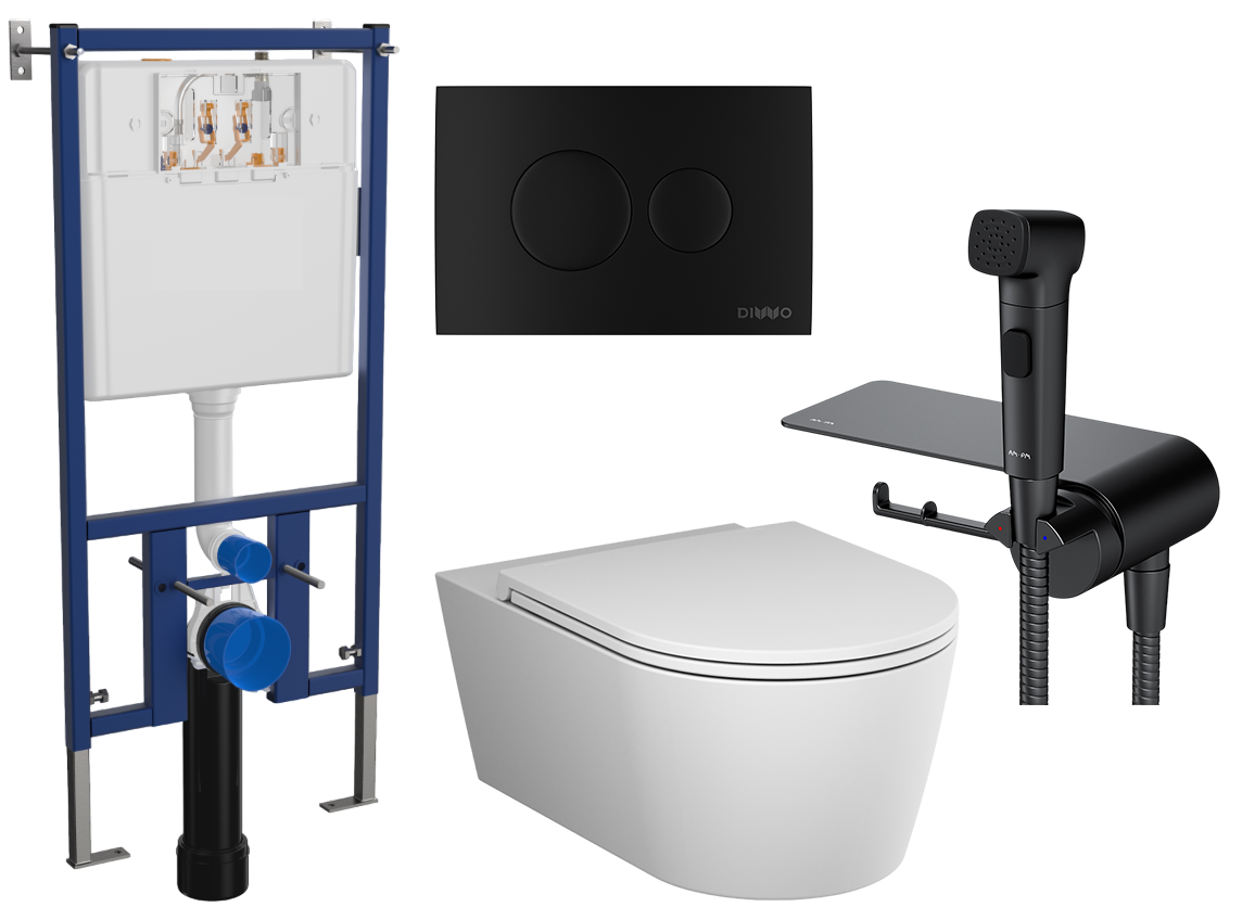 Комплект 4 в 1 Унитаз подвесной AM.PM Func C8F1701SC + Инсталляция DIWO 4501 + Кнопка 7313 + Гигиенический душ F0H8F922