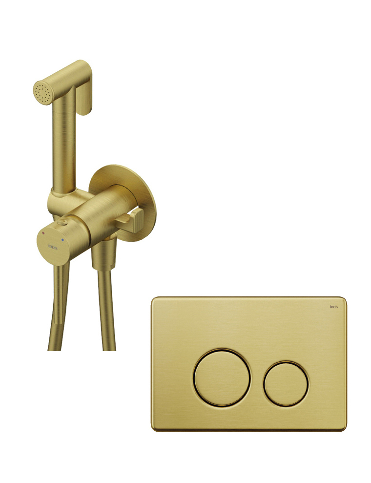 Гигиенический душ IDDIS Axes 005MGR0i08 со смесителем, матовое золото + Кнопка смыва Unisteel UNS01GGi77 золото