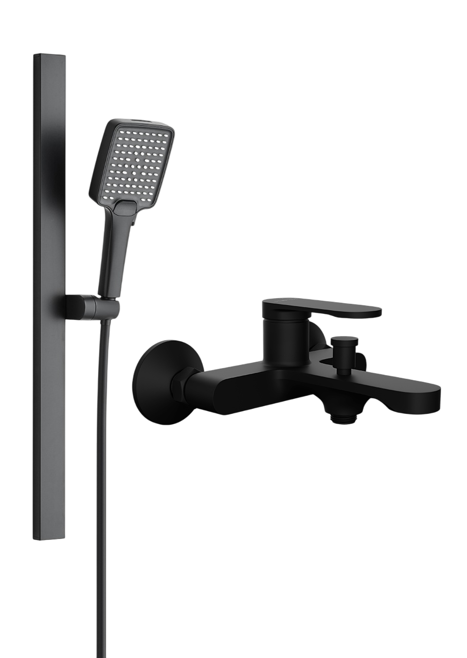 Смеситель для ванны с душем STWORKI Ноттвиль S34100BK + Душевой гарнитур Ольборг S20190BK, матовый черный