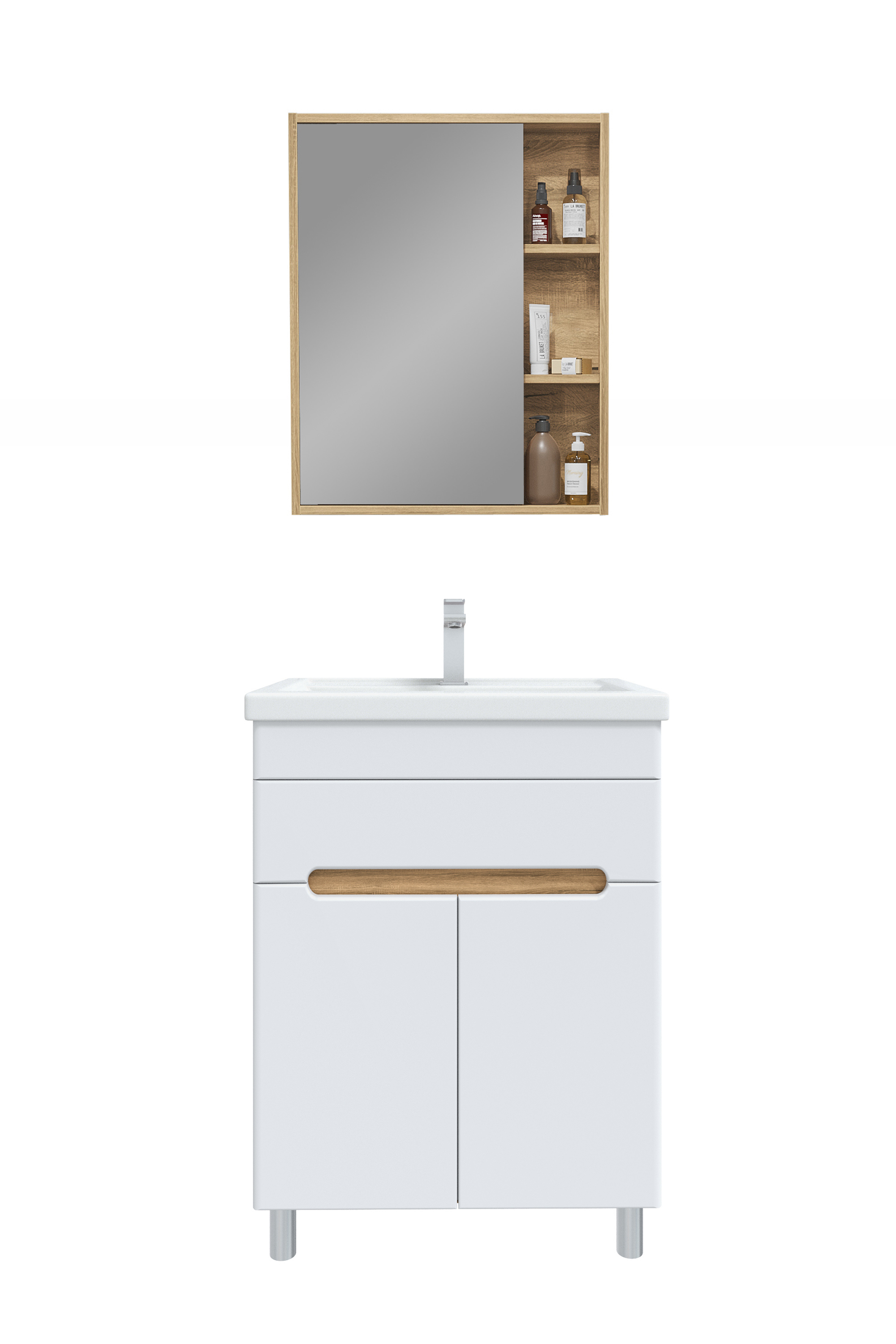 Мебель для ванной комнаты SanStar Модена 50 напольная, глянцевая белая, дуб вотан, раковина Фостер 50