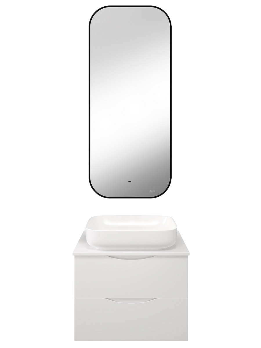 Мебель для ванной комнаты BOND Куб 60 подвесная, матовая белая, с раковиной Cube S54-500, зеркало Loft M35ZE