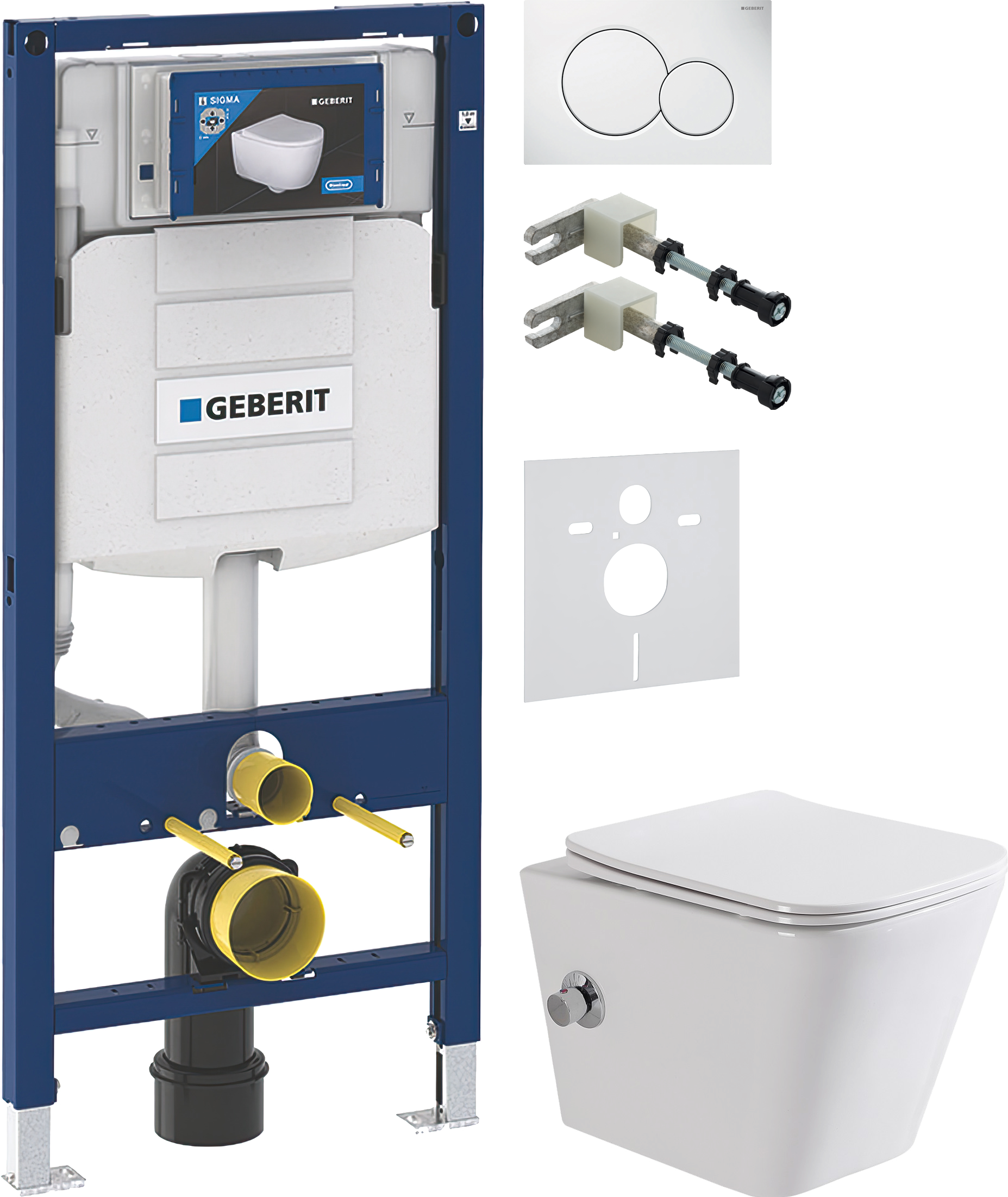 Комплект 5 в 1 Унитаз подвесной BelBagno Due BB3103CHR-BS/SC + Крепления Geberit Duofix 111.815.00.1 к стене + Звукоизоляция 156.050.00.1 + Инсталляция UP 320 111.300.00.5 (111.950.00.6) + Кнопка Sigma 01 115.770.11.5 цвет белый
