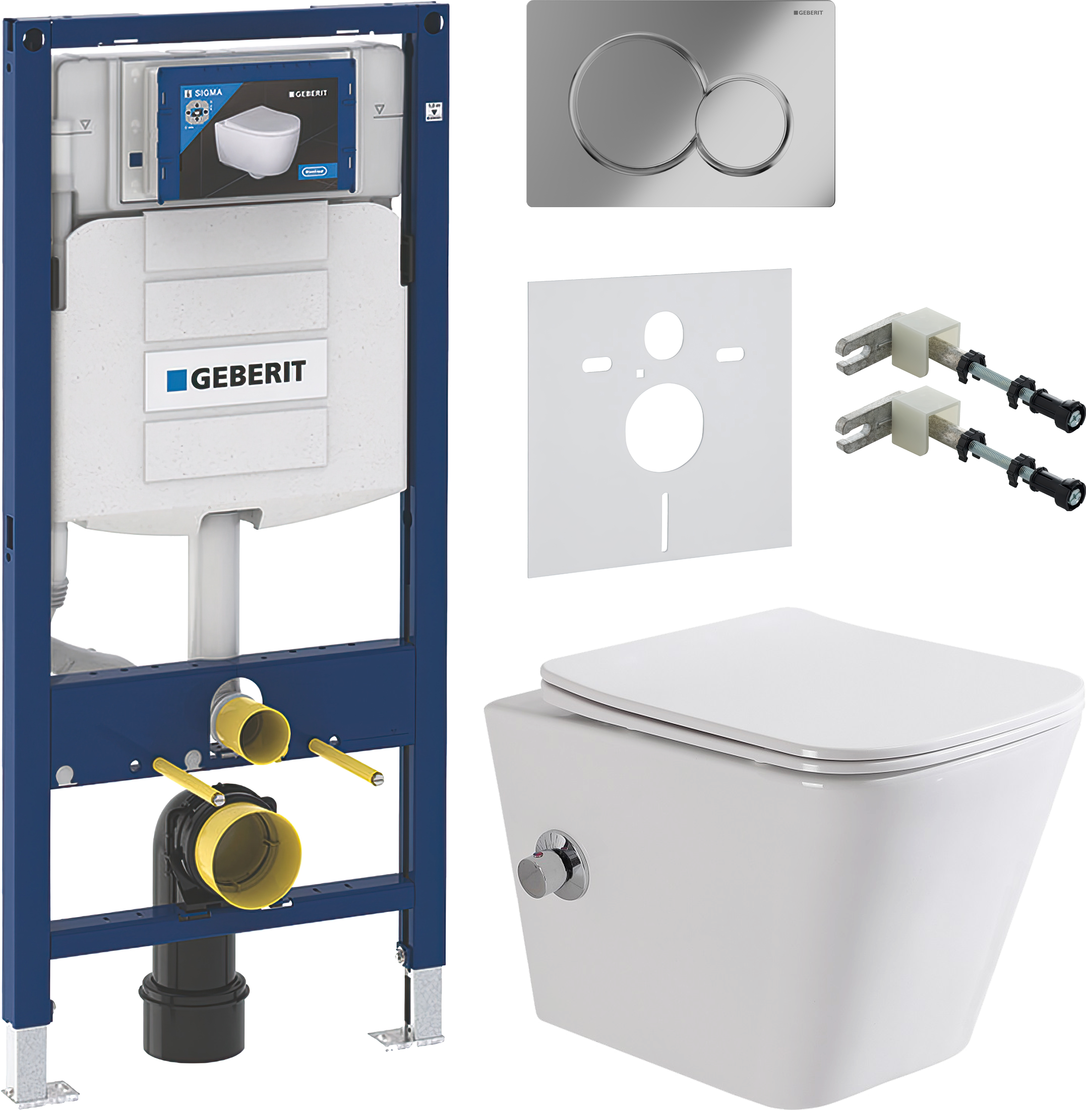 Комплект 5 в 1 Унитаз подвесной BelBagno Due BB3103CHR-BS/SC + Крепления Geberit Duofix 111.815.00.1 к стене + Звукоизоляция 156.050.00.1 + Инсталляция UP 320 111.300.00.5 (111.950.00.6) + Кнопка Sigma 01 115.770.21.5 цвет глянцевый хром