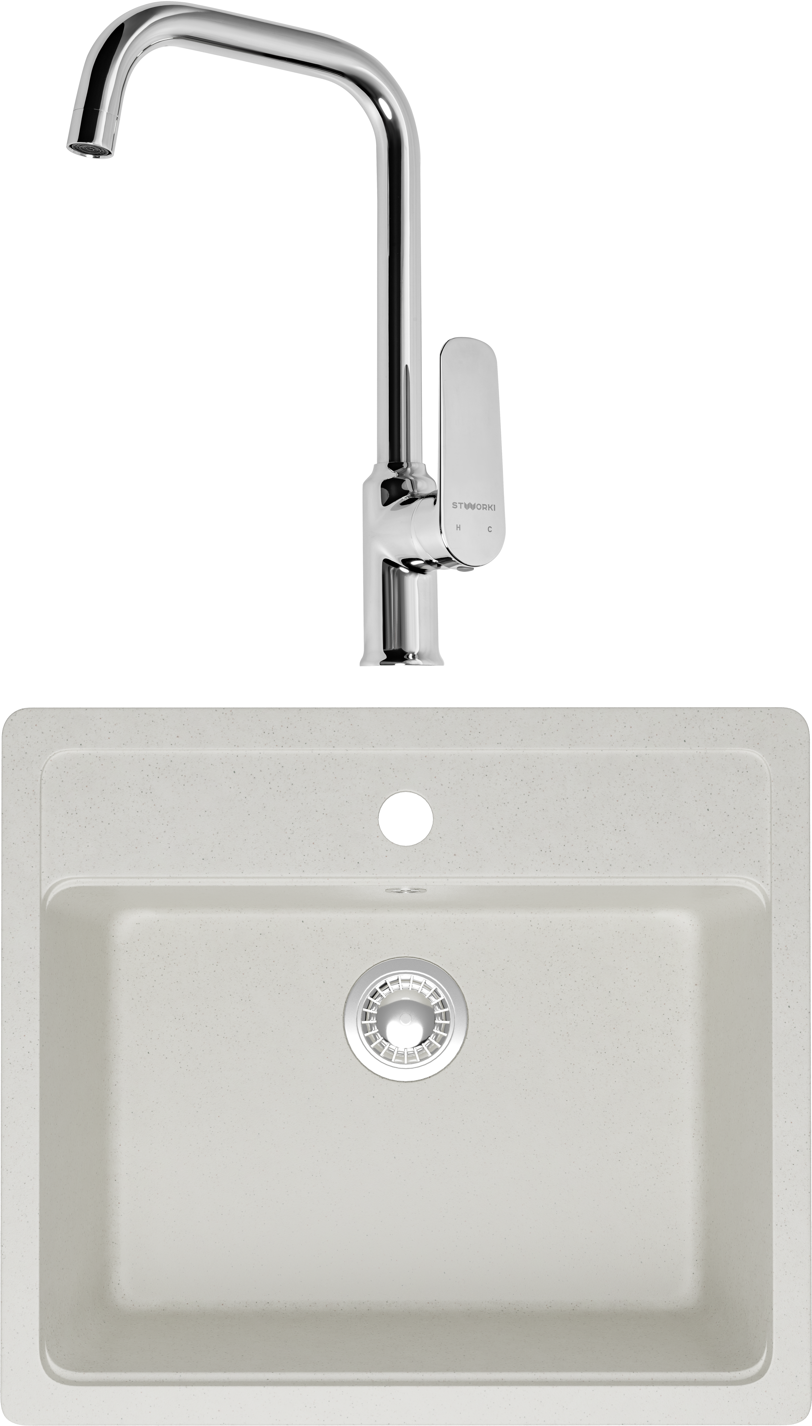 Комплект Мойка Domaci Болонья М-09-001, белая + Смеситель STWORKI WFD04005GA