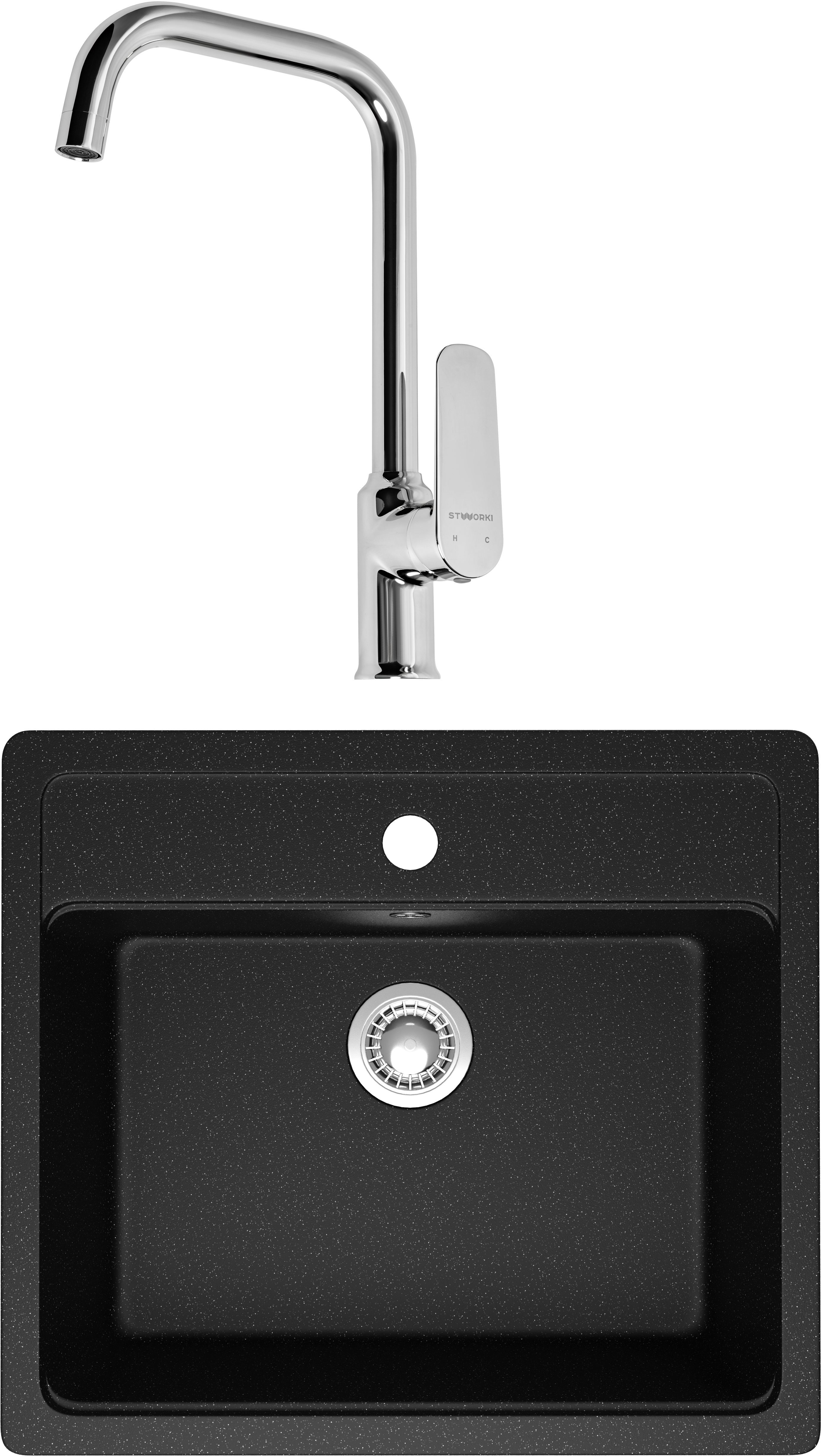 Комплект Мойка Domaci Болонья М-09-002, черная + Смеситель STWORKI WFD04005GA